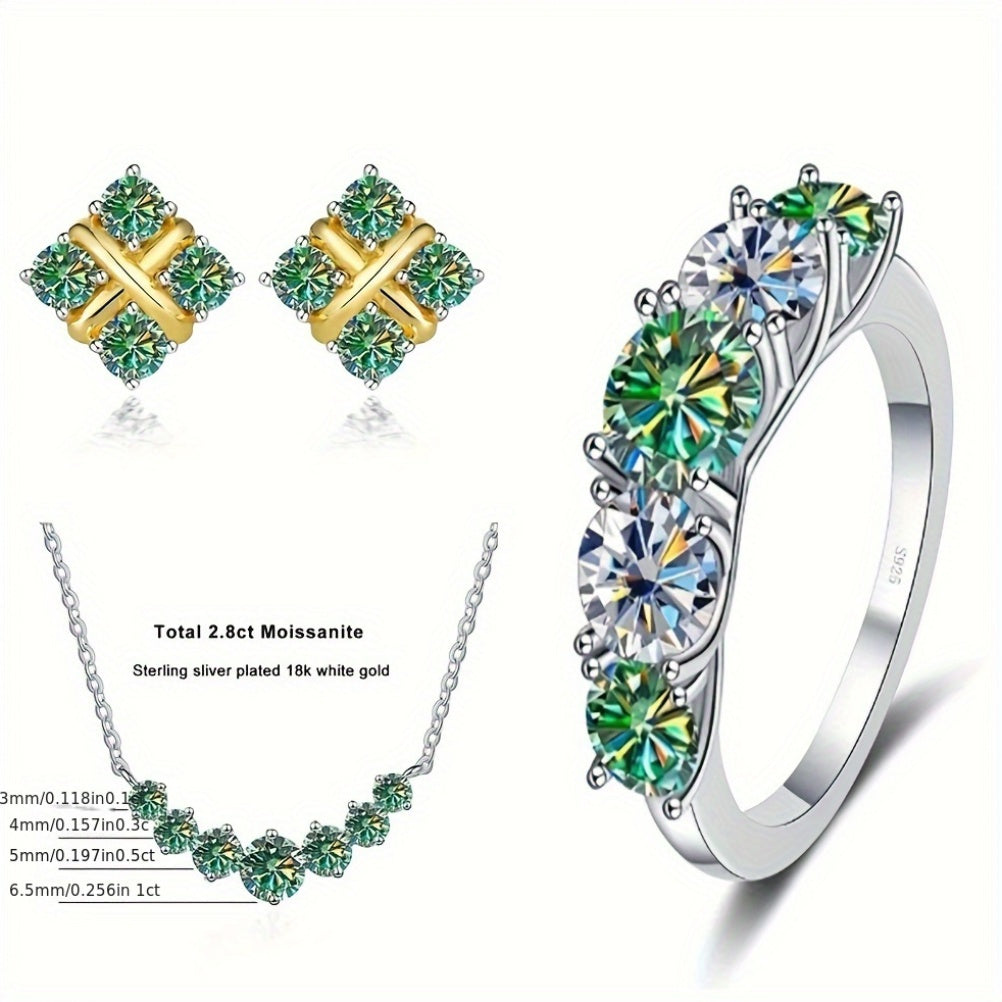 Sterling Silver 4-Piece Jewelry Set with Moissanite Necklace Earrings Ring Gift for Holidays