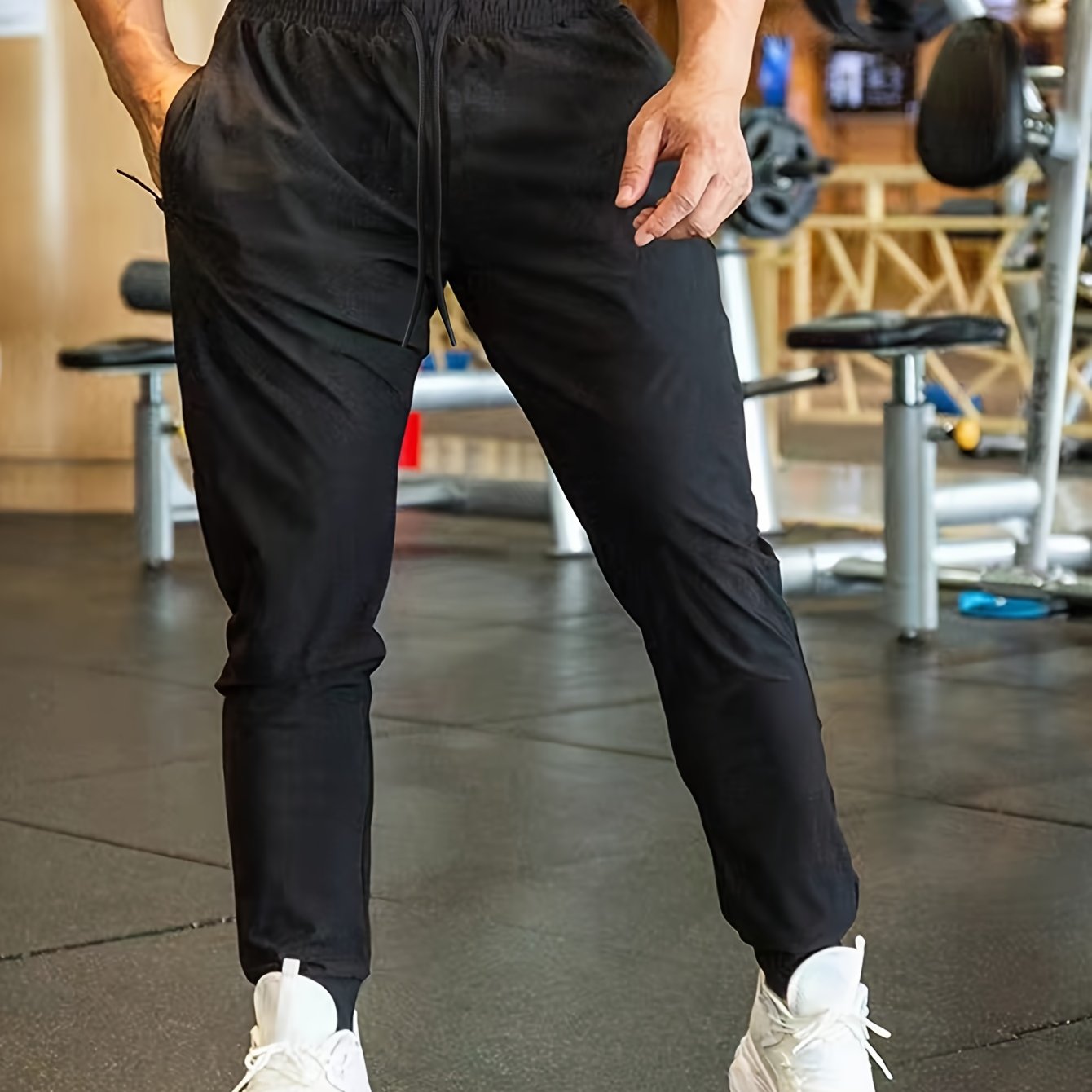 Pantalones deportivos negros para hombre, poliéster transpirable, cintura elástica con cordón, para gimnasio, correr, uso casual