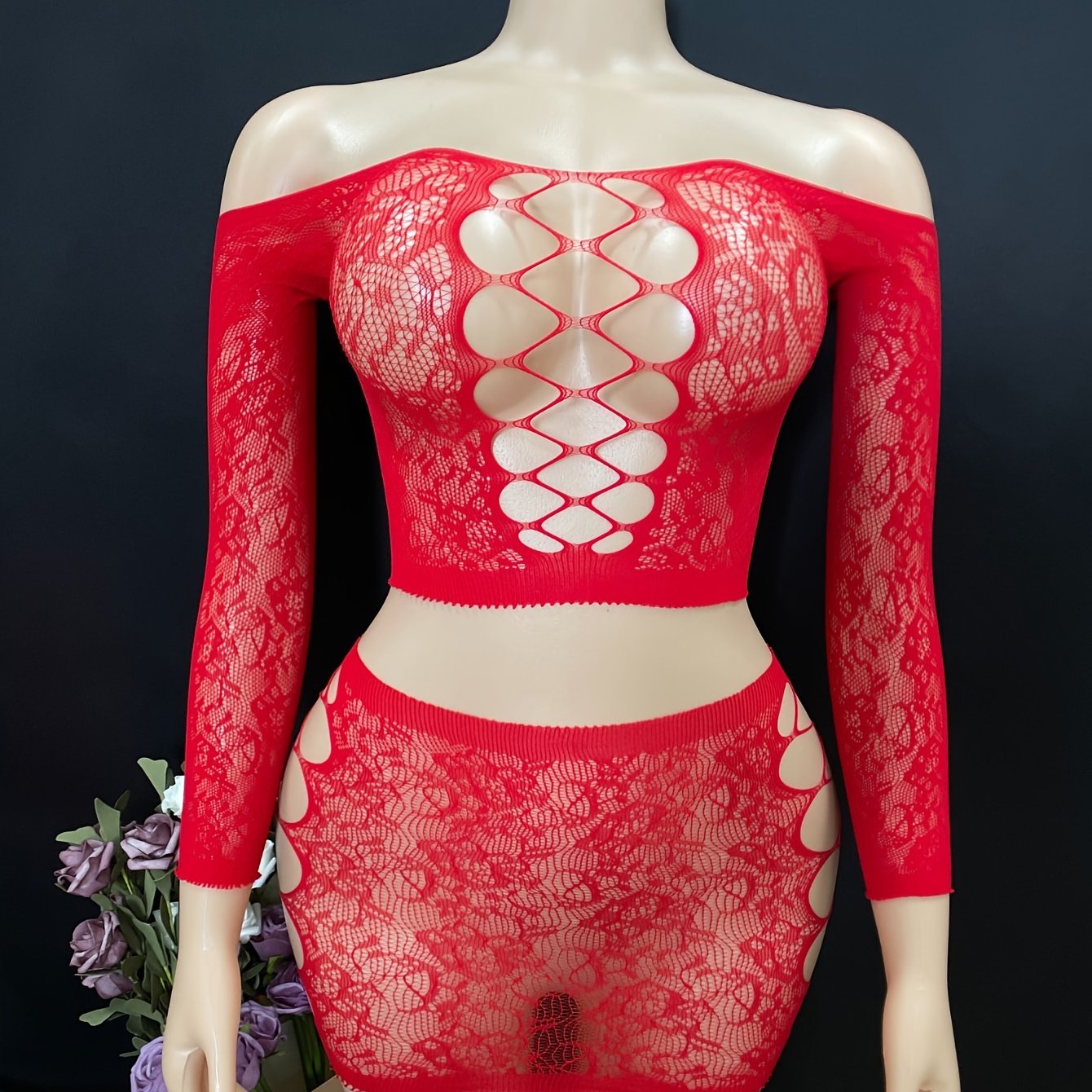 Женский комплект белья с крупной сеткой, с длинными рукавами, прозрачный, с вырезами