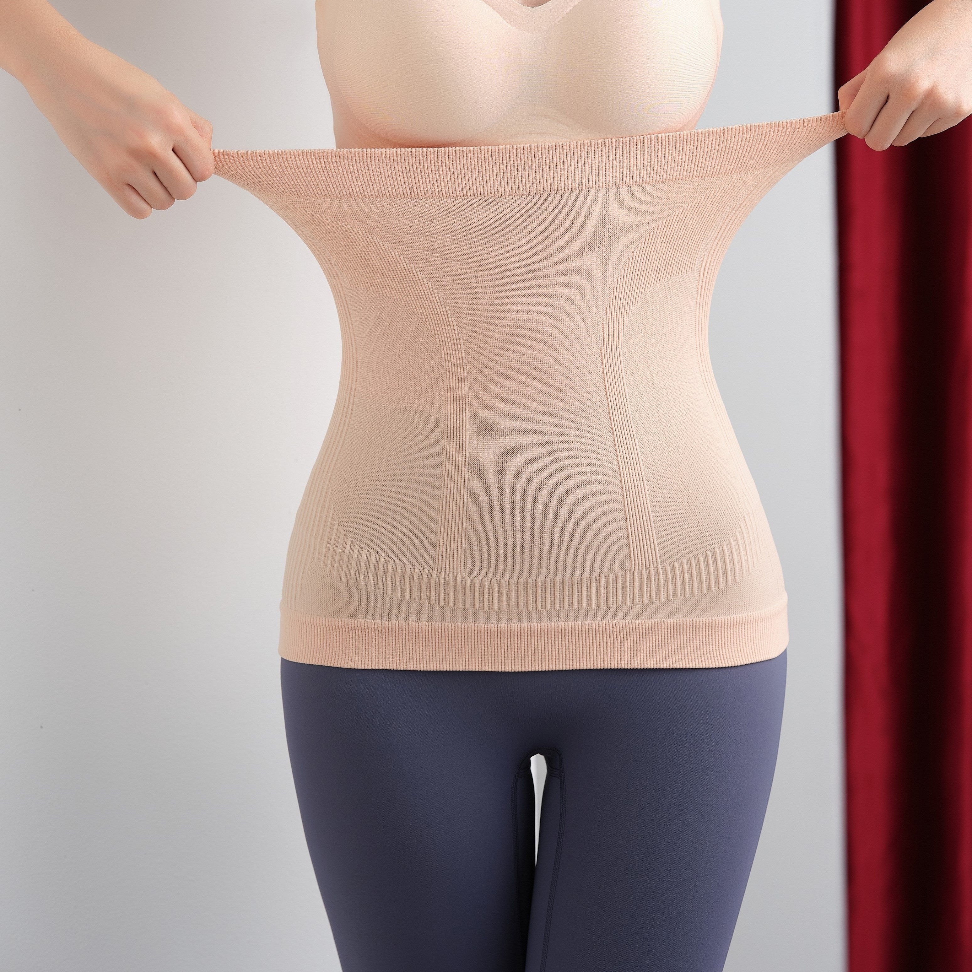 Beige Waist Trainer for Women Ribbed Tummy Control Back Support Nylon Blend All-Season