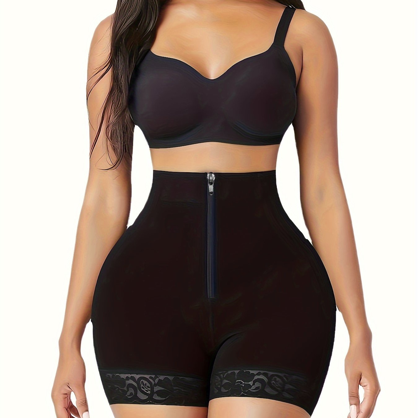 High Waist Shaping Panties with Lace Trim Zipper Tummy Control Breathable Women's Underwear