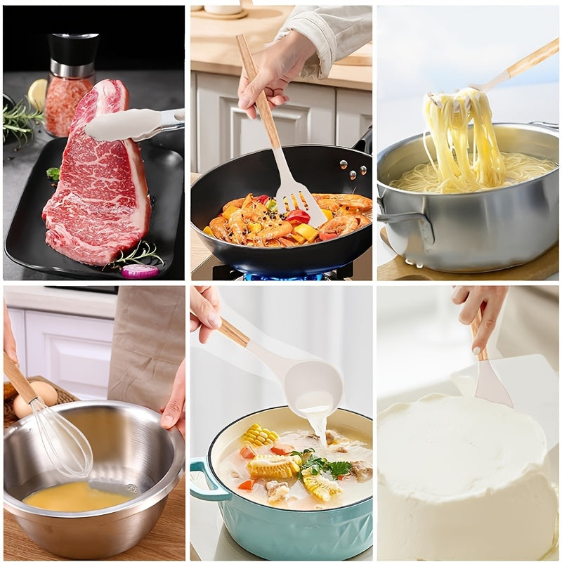 Набор из 12 антипригарных кухонных принадлежностей с подставкой - включает в себя лопатку с деревянной ручкой, щипцы, шпатель и многое другое - идеально подходит для домашних кухонь