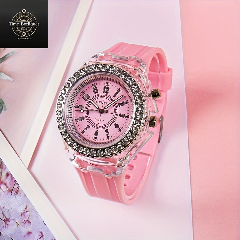 Glow-in-the-Dark Silicone Watch for Men Women Kids LED Time Display Casual Fashion Rhinestone Accents