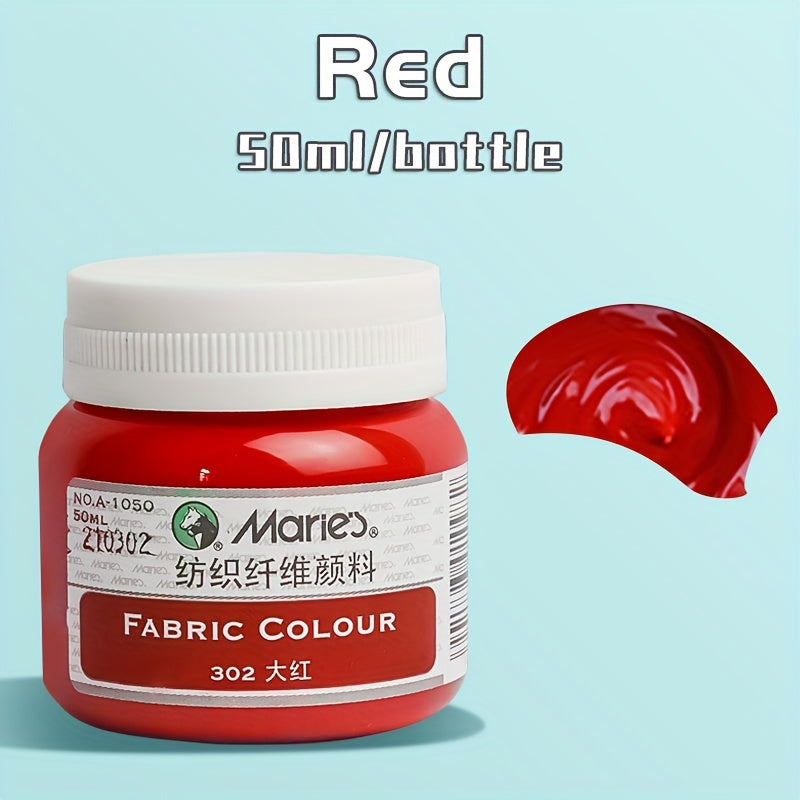 1 shisha Marie's Fabric Paint, 50ml - doimiy kiyim bo'yash uchun 12 rang mavjud. O'rta cho'tka kiritilgan. San'atkorlar va hunarmandlar uchun ideal. T-shirtlar, poyabzallar, jinsilar uchun mos.
