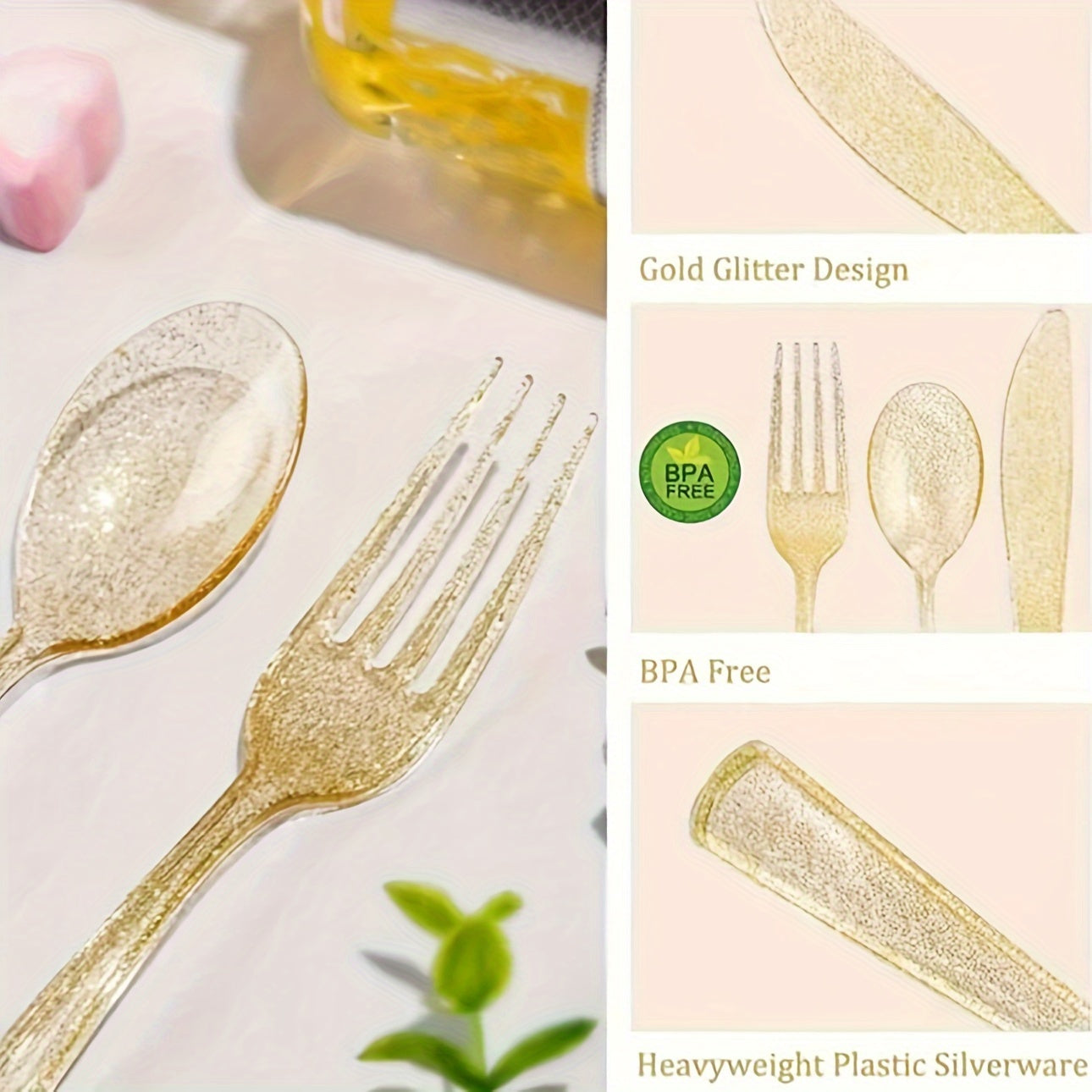 Juego de cubiertos de plástico con purpurina, 10 o 30 piezas, reutilizables, aptos para lavavajillas, para fiestas y eventos