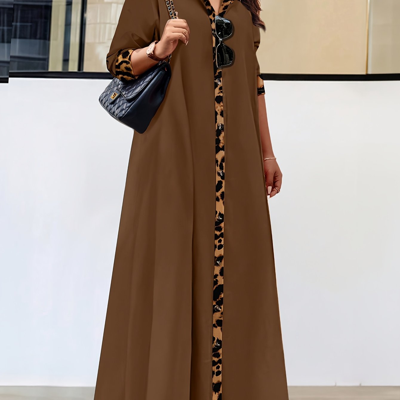 Plus-Size Leopard Print Dress with Collar Long Sleeves and Elegant Skirt for Spring and Autumn