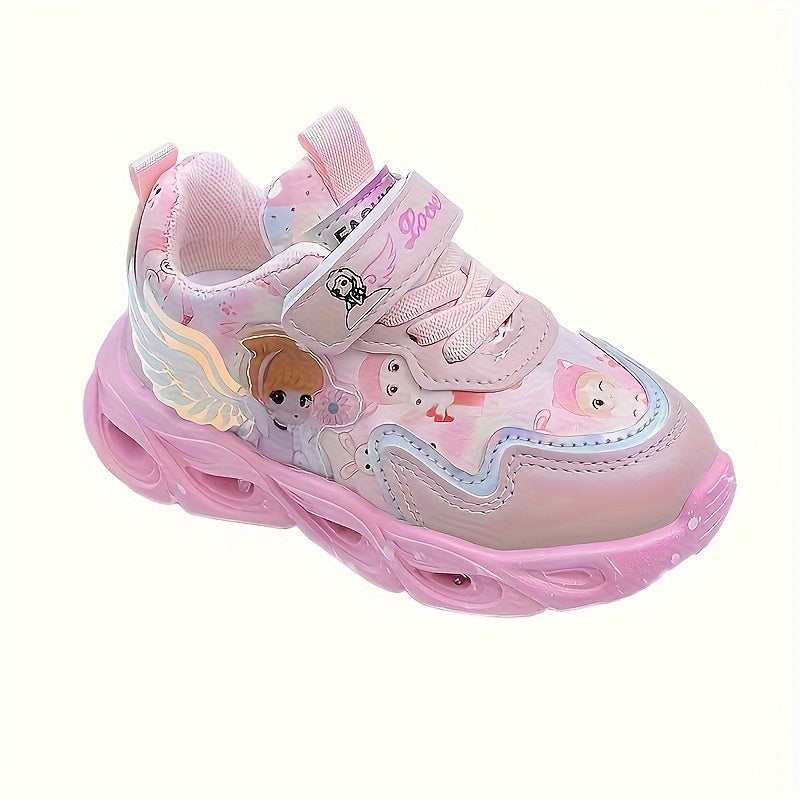 Glow-in-the-Dark Cartoon Pattern Sneakers for Girls and Toddlers Breathable Fabric Faux Leather Low Top Rubber Sole