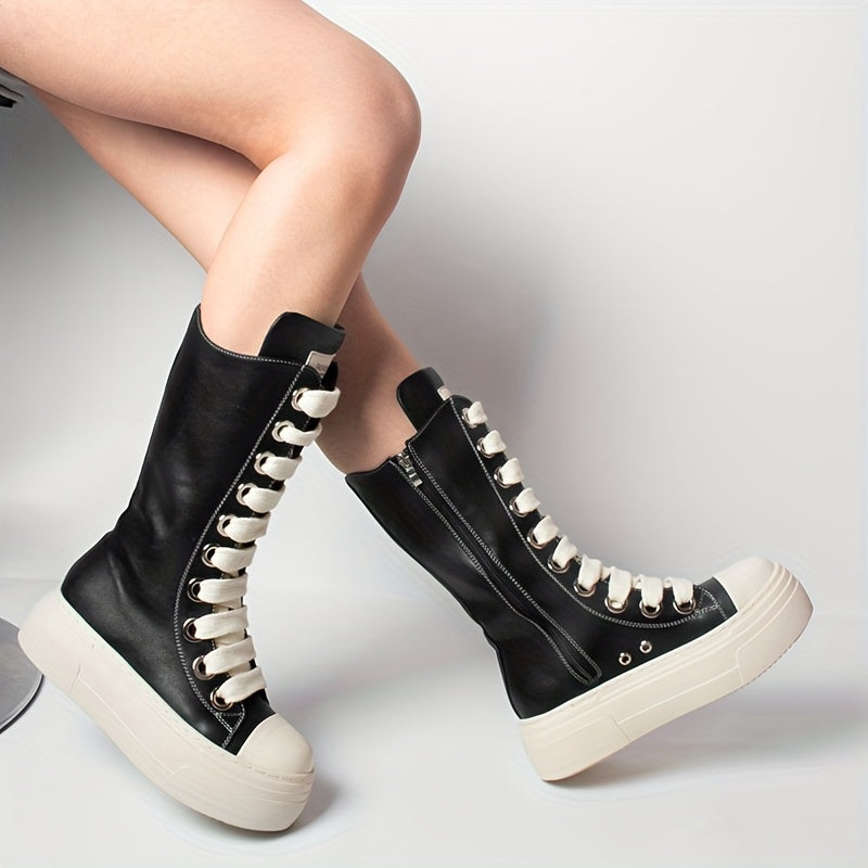 Women's Knee High Boots Solid Color Round Toe Platform Lace-Up Boots