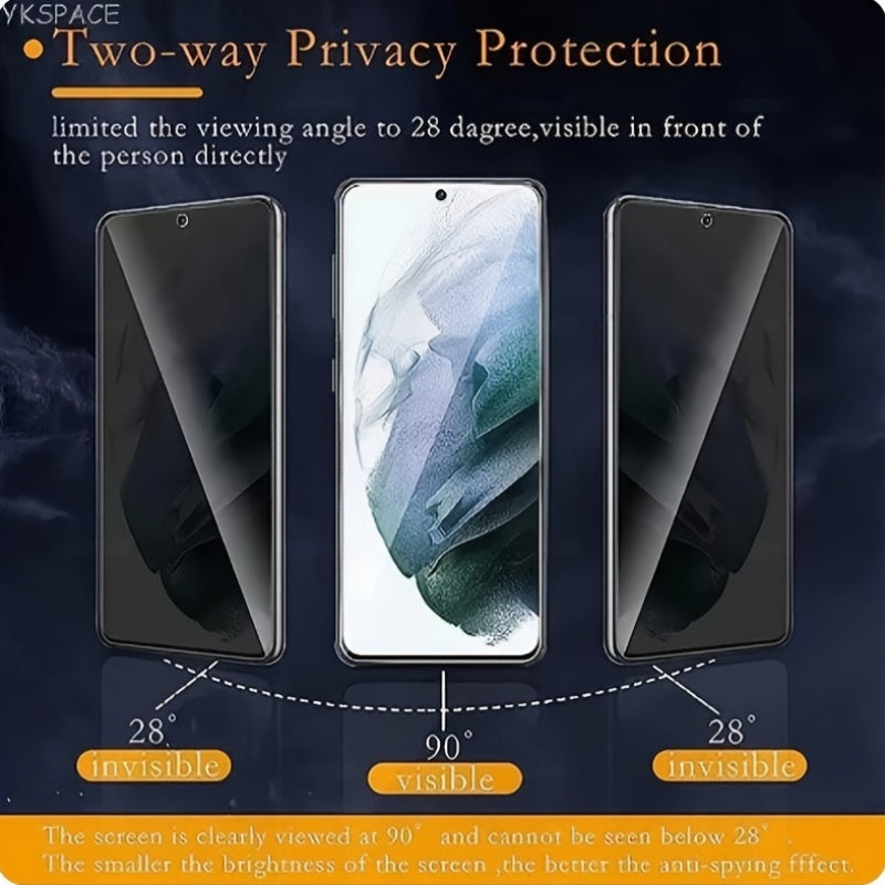 Samsung S25/S24/S23/S22/S21 uchun maxfiylik filtri va porloq qoplama bilan temperlangan shisha ekran himoyachisi. To'liq qoplama, barmoq izlari bilan ochish mosligi va lotus bargi bionik xususiyatlariga ega.