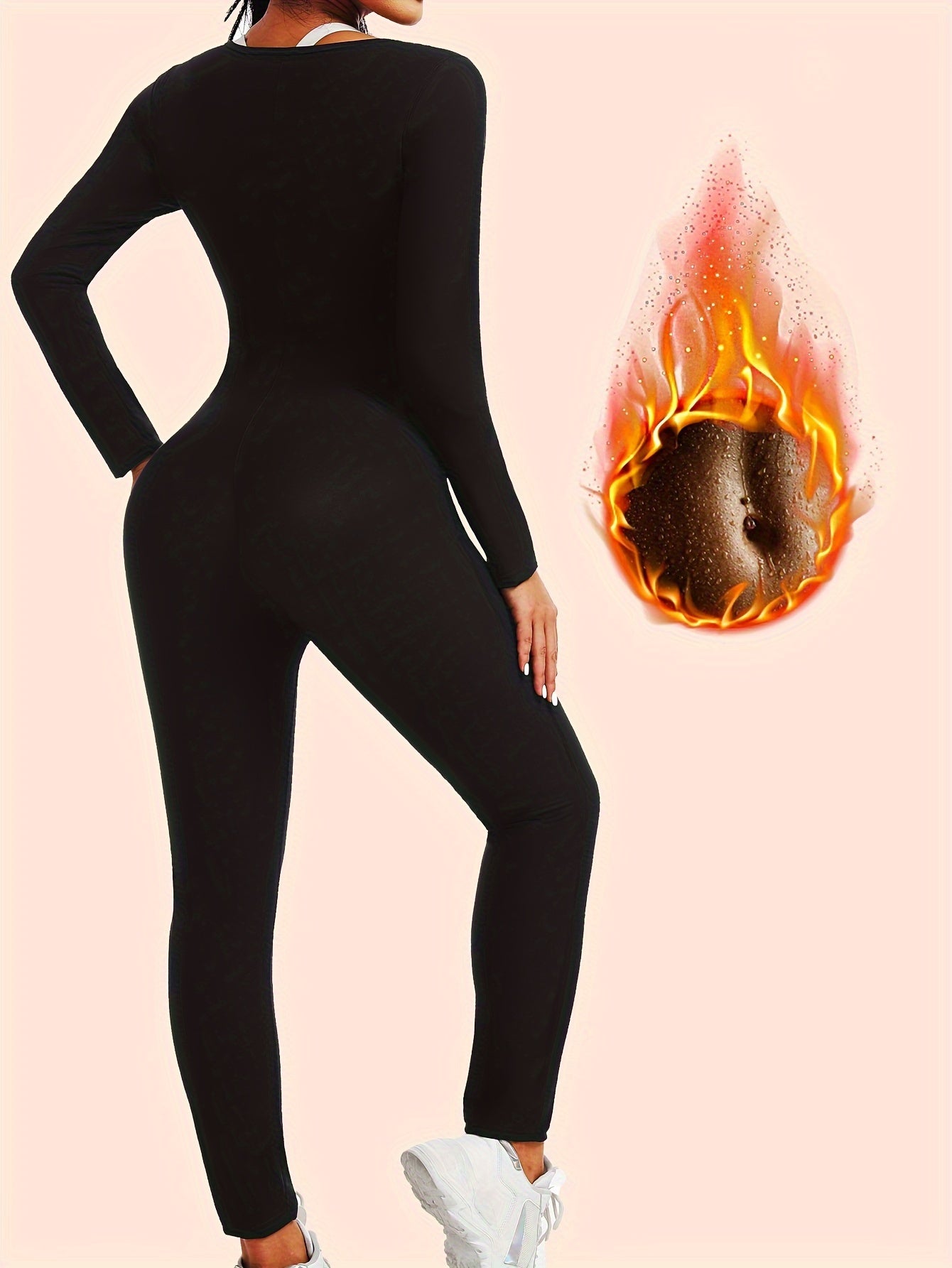 "Женский комбинезон с длинным рукавом для сауны черного цвета, корсет для контроля живота с молнией, стройнящий корректор фигуры для фитнеса и бега, смесь полиэстера и эластана"