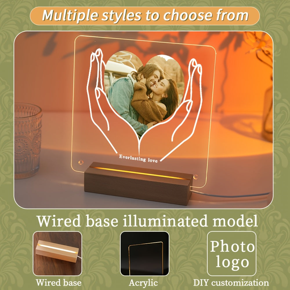 Customizable LED Light Acrylic Photo Frame with Transparent Love Heart Design for Gifts