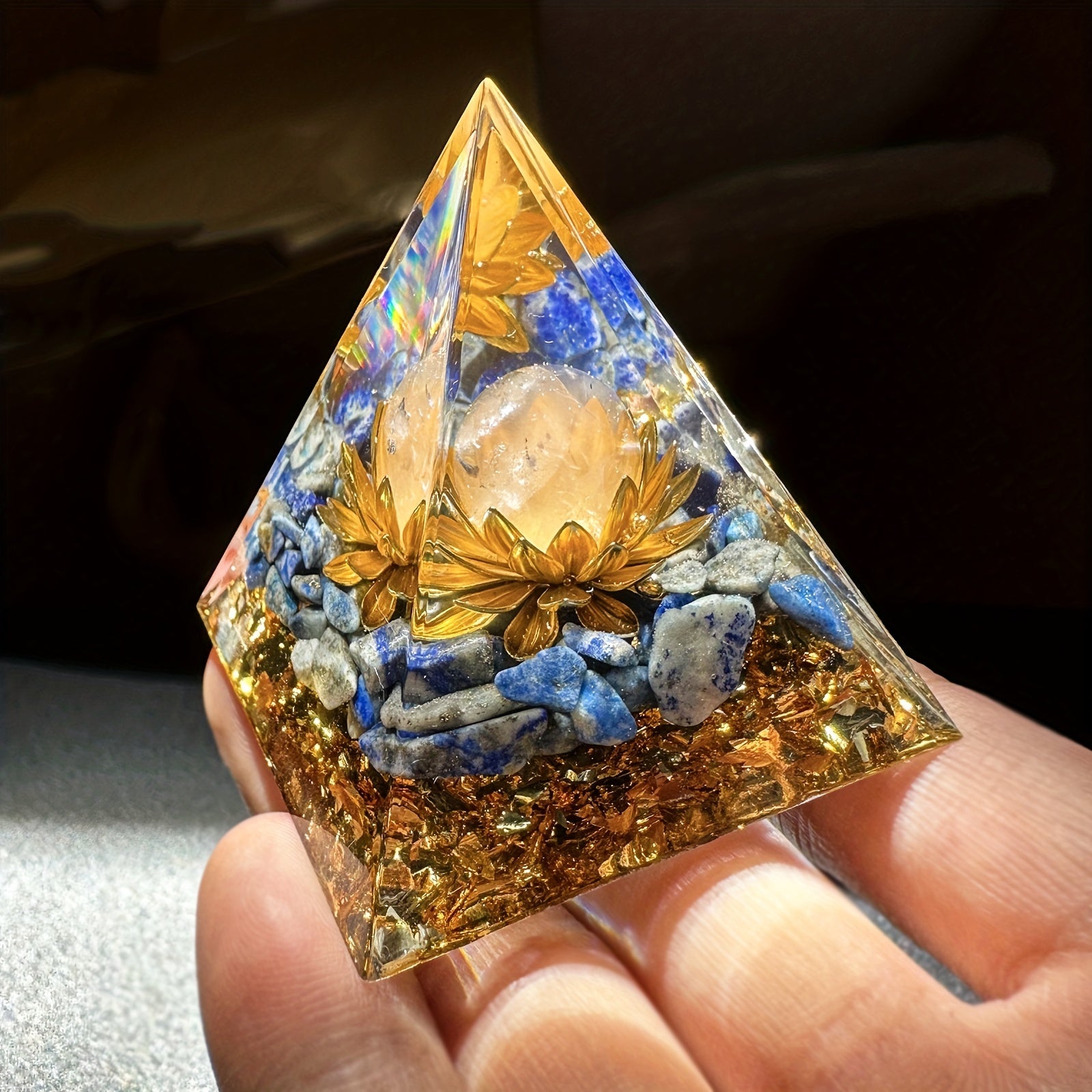 Handmade Orgone Crystal Pyramid with White Crystal and Lapis Lazuli for Meditation and Home Decor