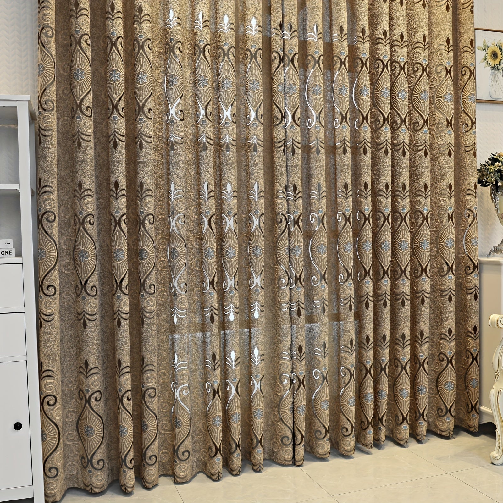 Cortina de jacquard de estilo retro europeo de color café para privacidad y filtrado de luz en la sala de estar