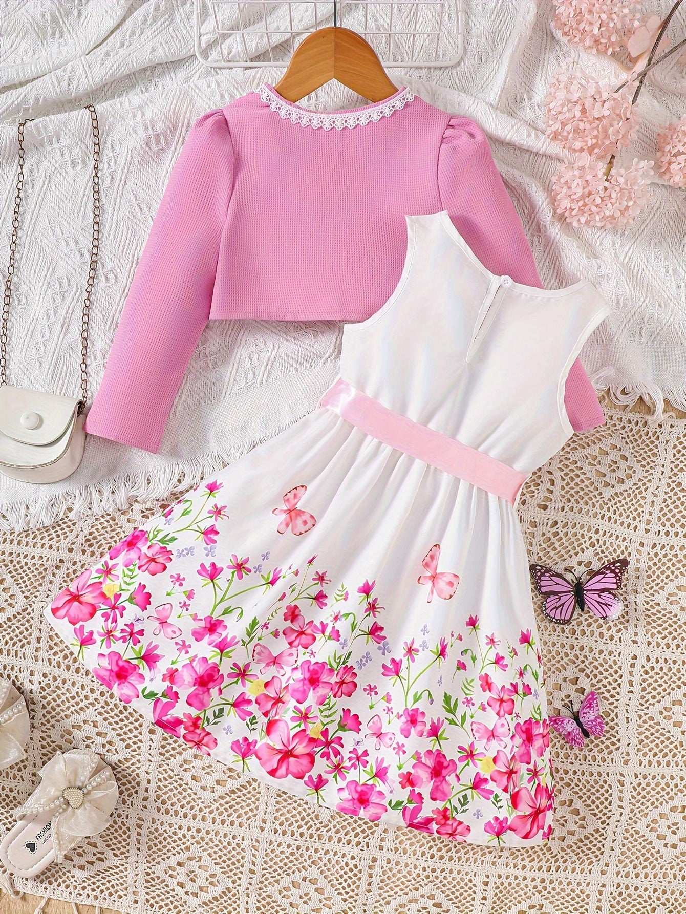 Girls Spring Floral 2-Piece Dress Set with Cardigan Polyester for Outdoor Wear