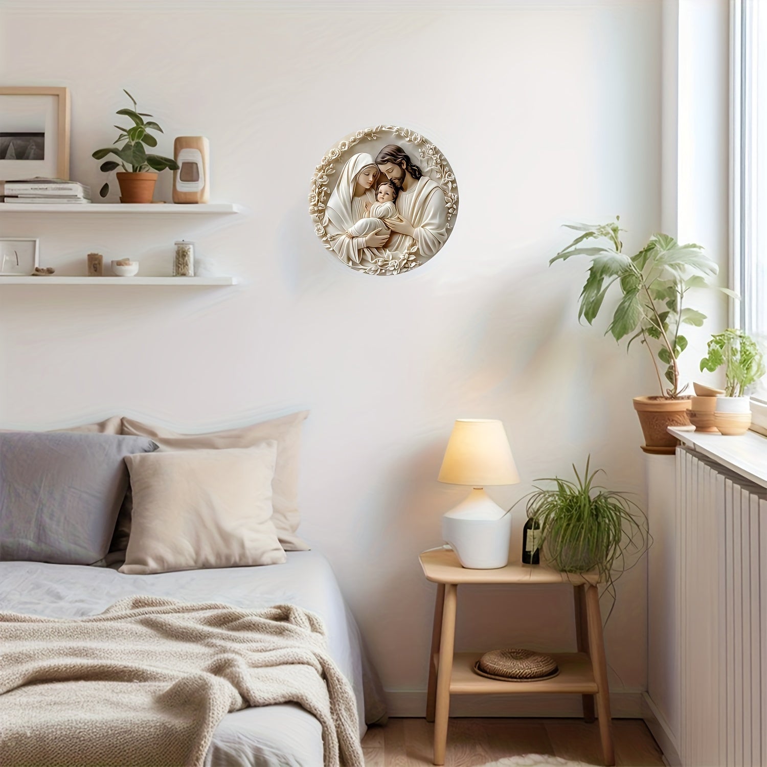 Religious Aluminum Wall Hanging Sign Sacred Family Metal Art Weather Resistant Textured Decor