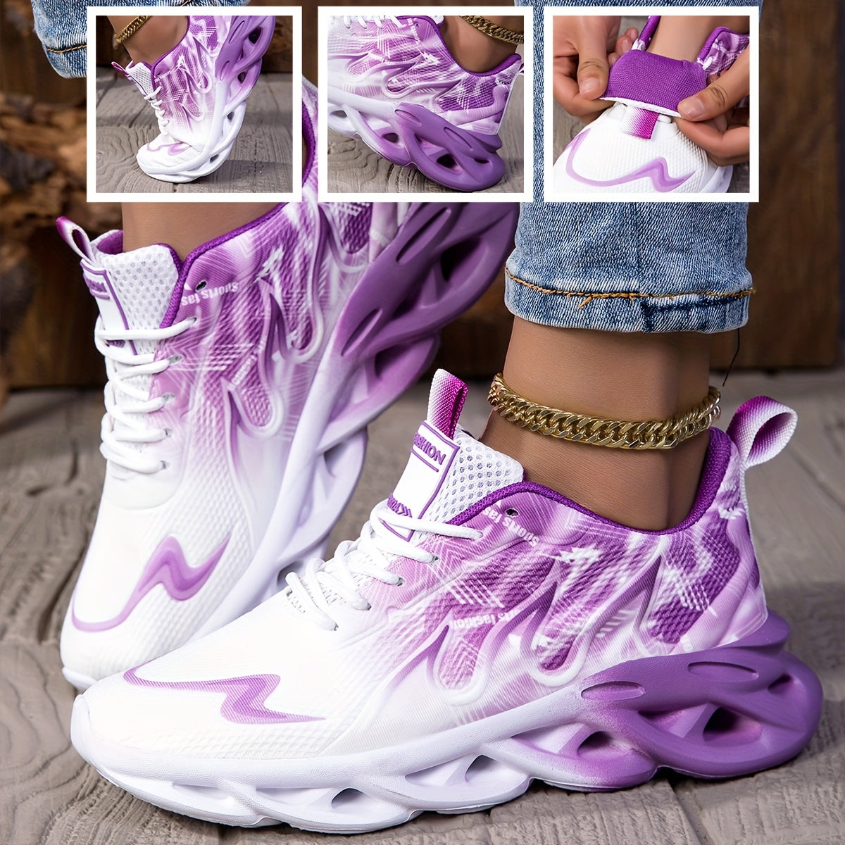 Women’s Gradient Flame Running Shoes Breathable Knit Upper EVA Sole Athletic Sneakers