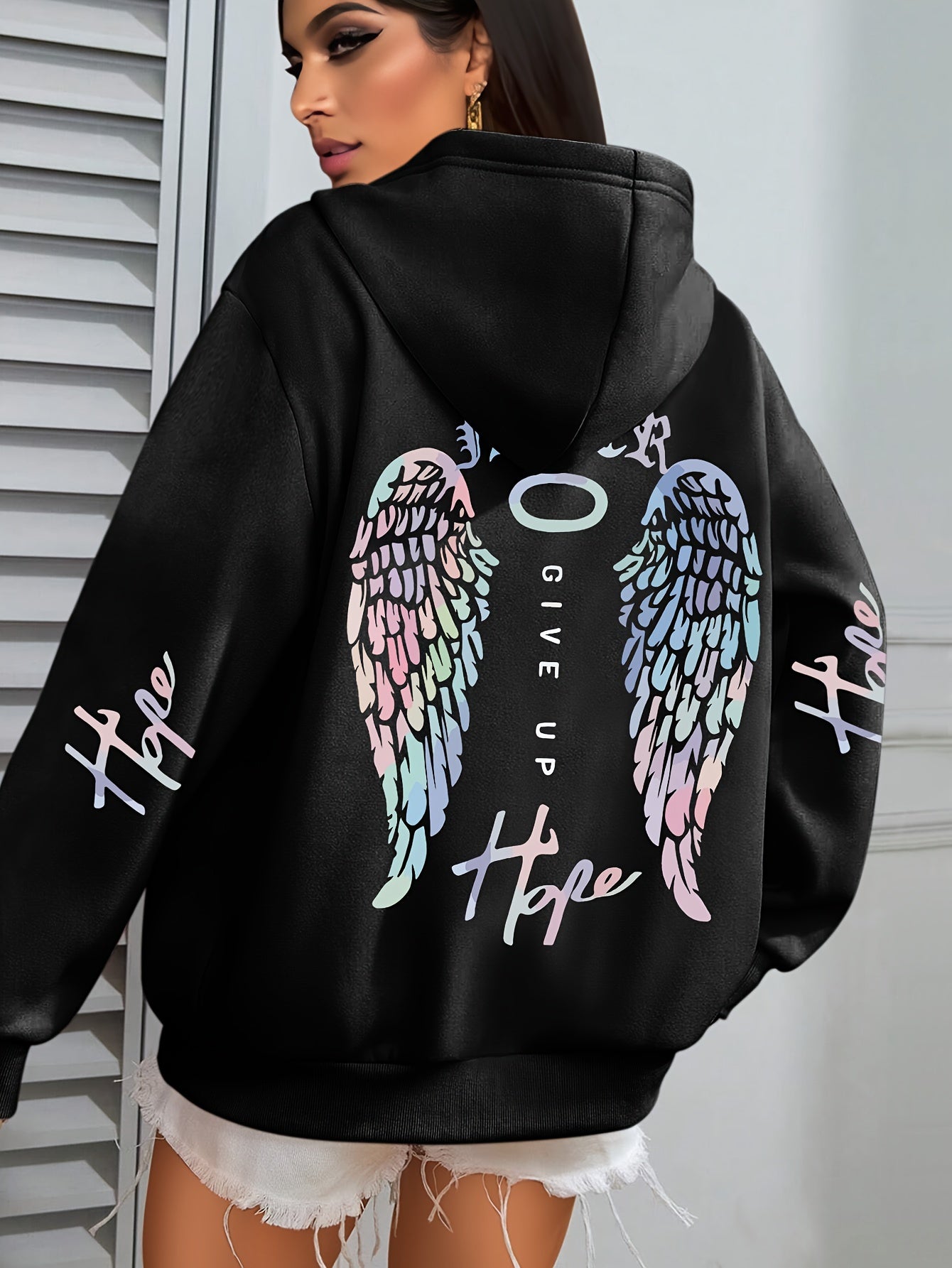 Plus Size Women's Hooded Sweatshirt with Angel Wings Graphic Light Gray Green Accents