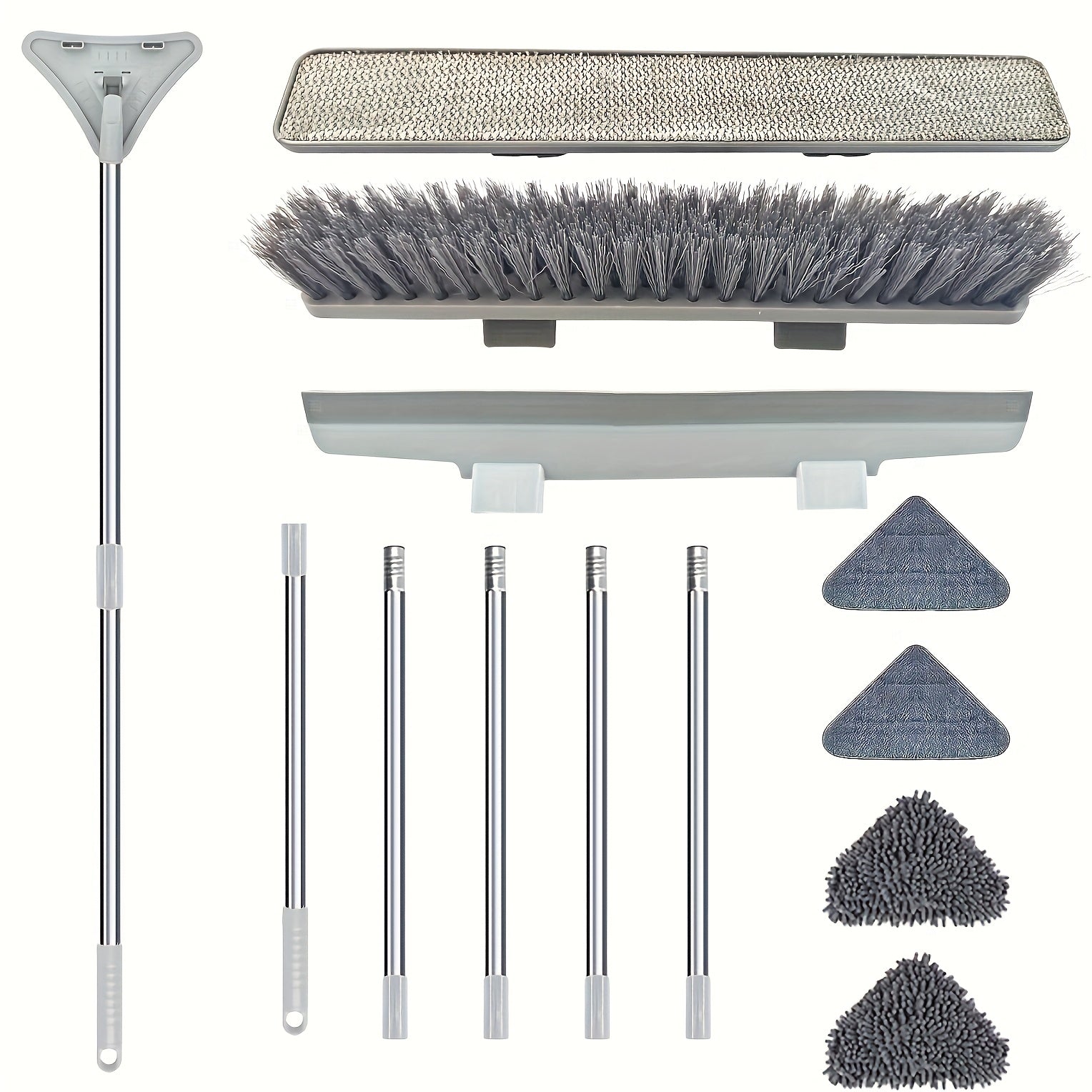 Универсальная швабра с настенным креплением для очистки различных поверхностей, включая окна, полы, потолки, ванны, раковины и многое другое. В комплект входят щетки для чистки плитки и возможности удаления пыли, включает 4 многоразовых подушки.