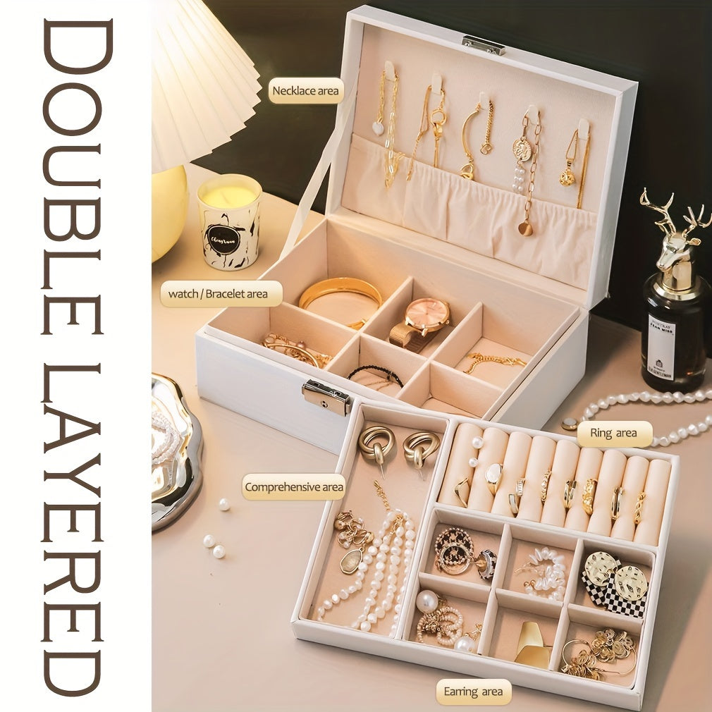 Double Layer Jewelry Box Leather Storage for Rings Earrings Necklaces