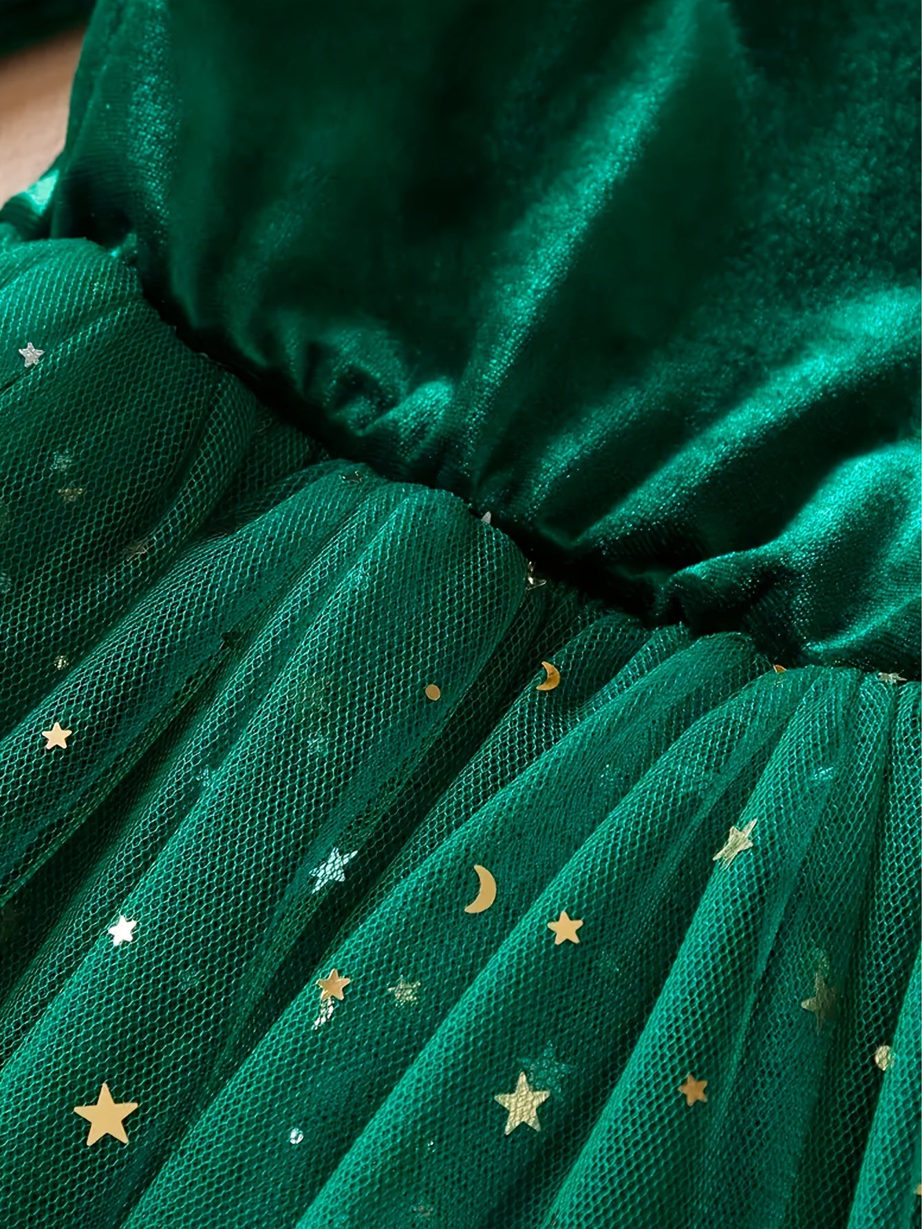 Girls Velvet Dress with Star and Moon Sequins Ruffled Edge and Pleated Mesh Overlay in Red