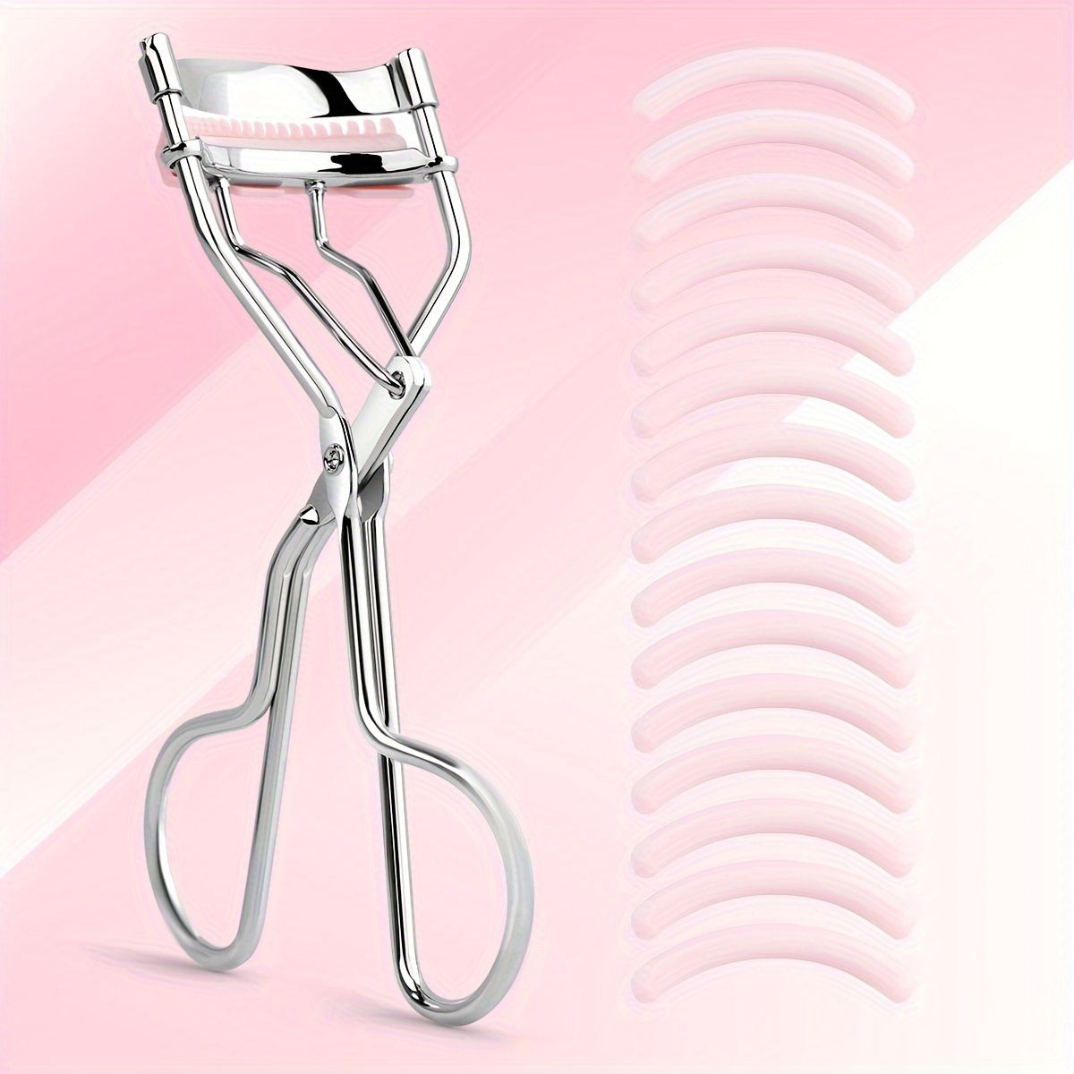 Portable Eyelash Curler Stainless Steel Handle with 15 Silicone Pads for Lifting and Shaping