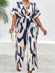 Women's Plus Size Batwing Sleeve Belted Print Jumpsuit