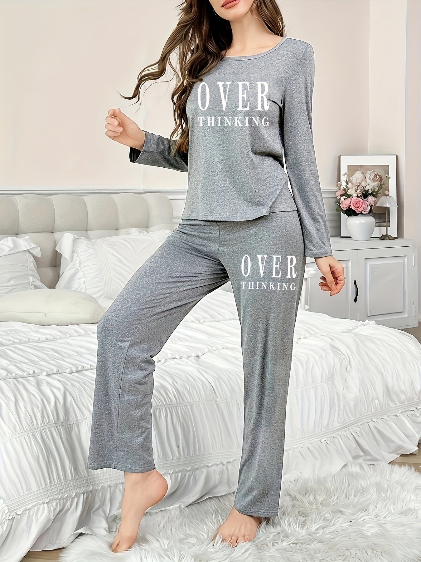 Women's Letter Print Lounge Set Long Sleeve Top and Pants for Fall Winter
