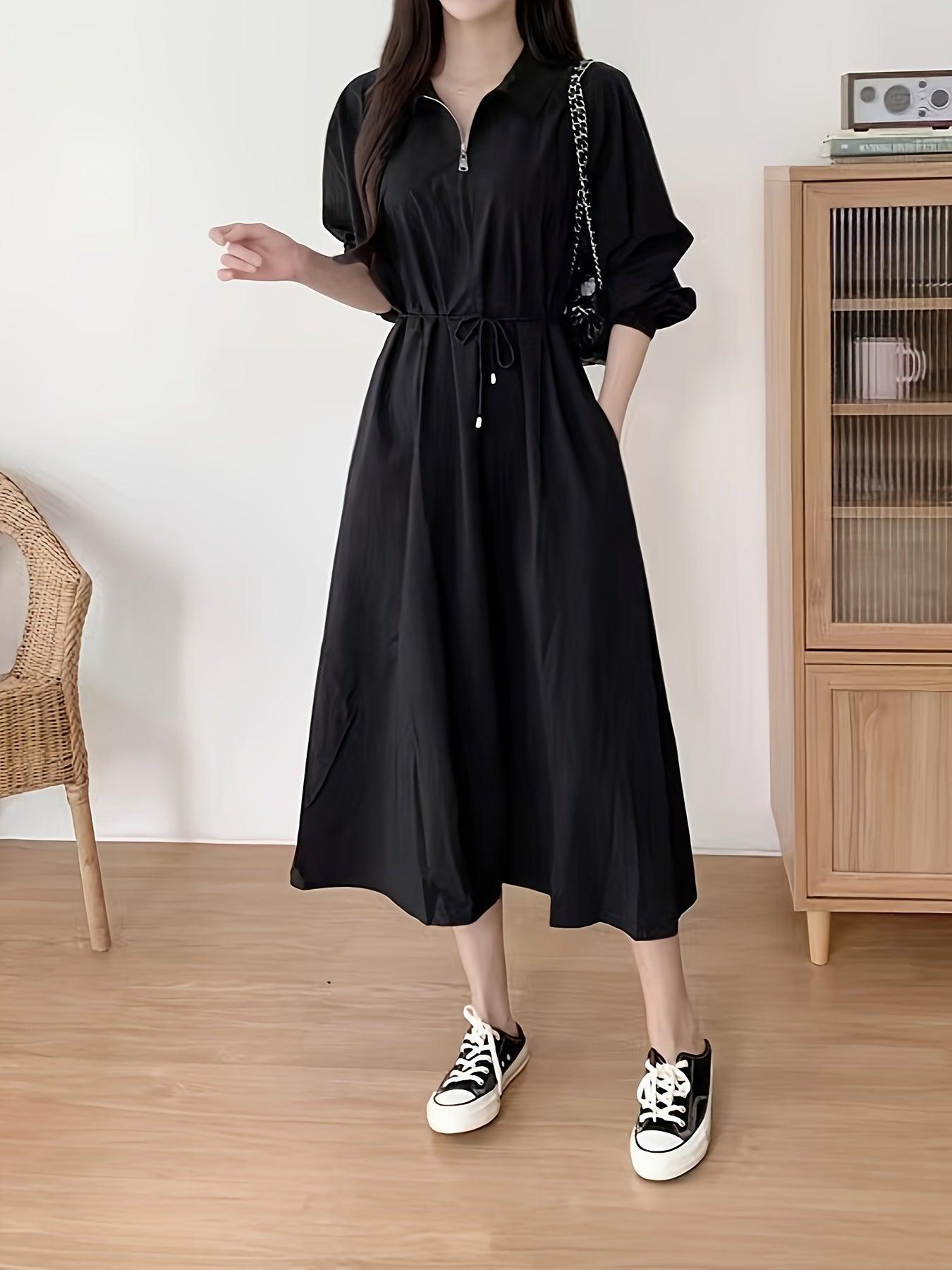 Beige Long Sleeve Midi Dress with Tie Waist Pockets for Women