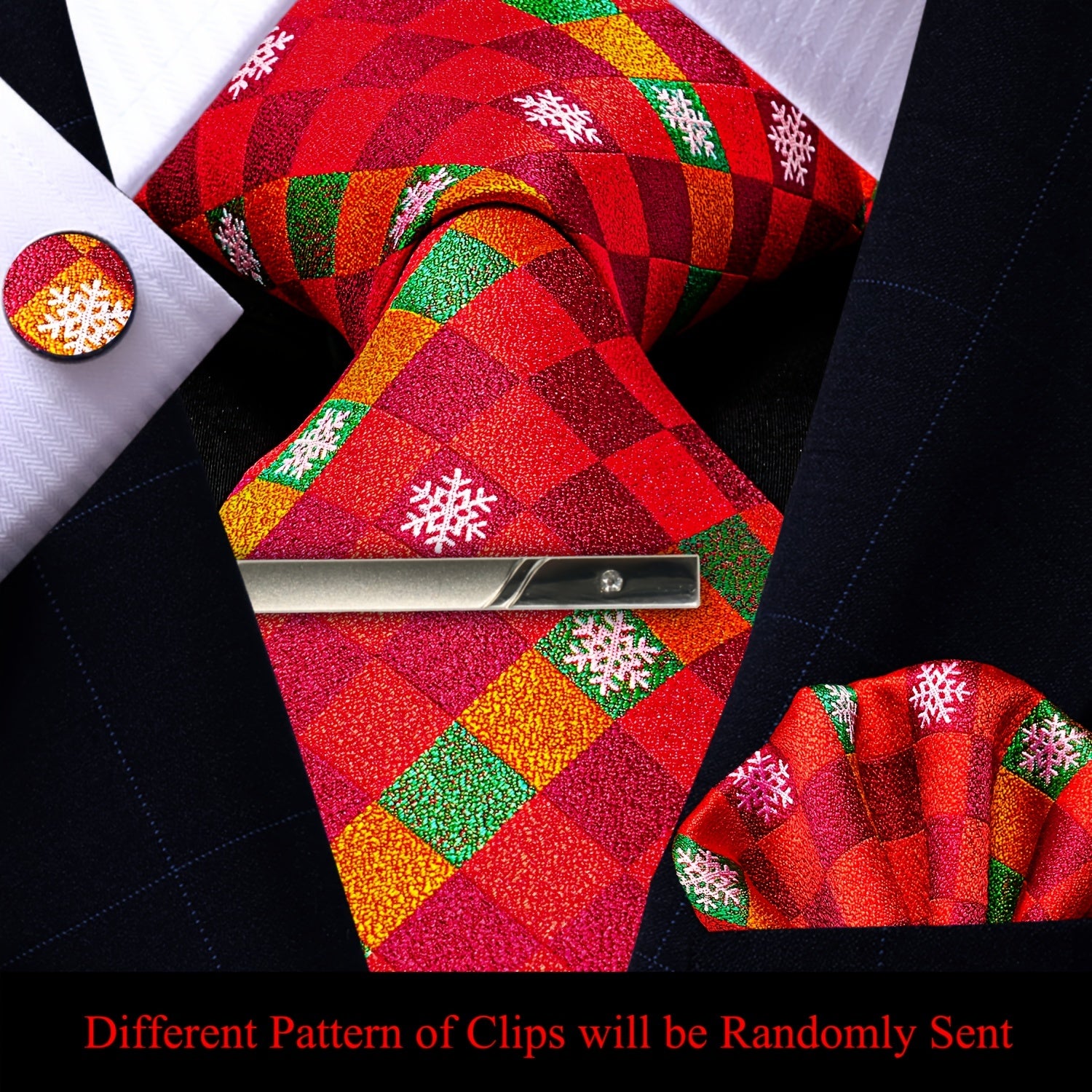 Men's Plaid Tie Pocket Square Cufflinks and Clip Set