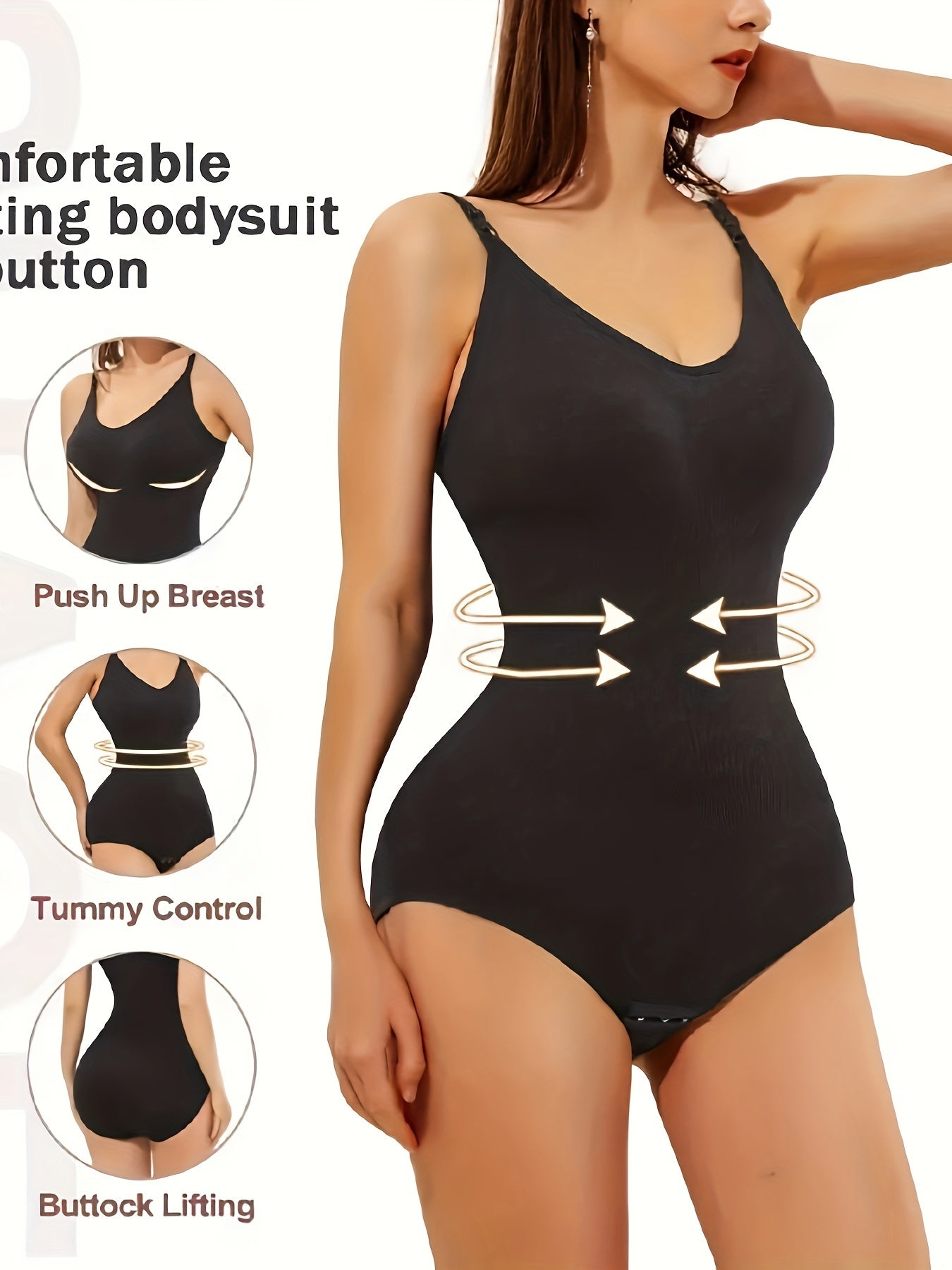 Women's Black Tummy Control Bodysuit with Butt Lifting and Breathable Nylon Elastane