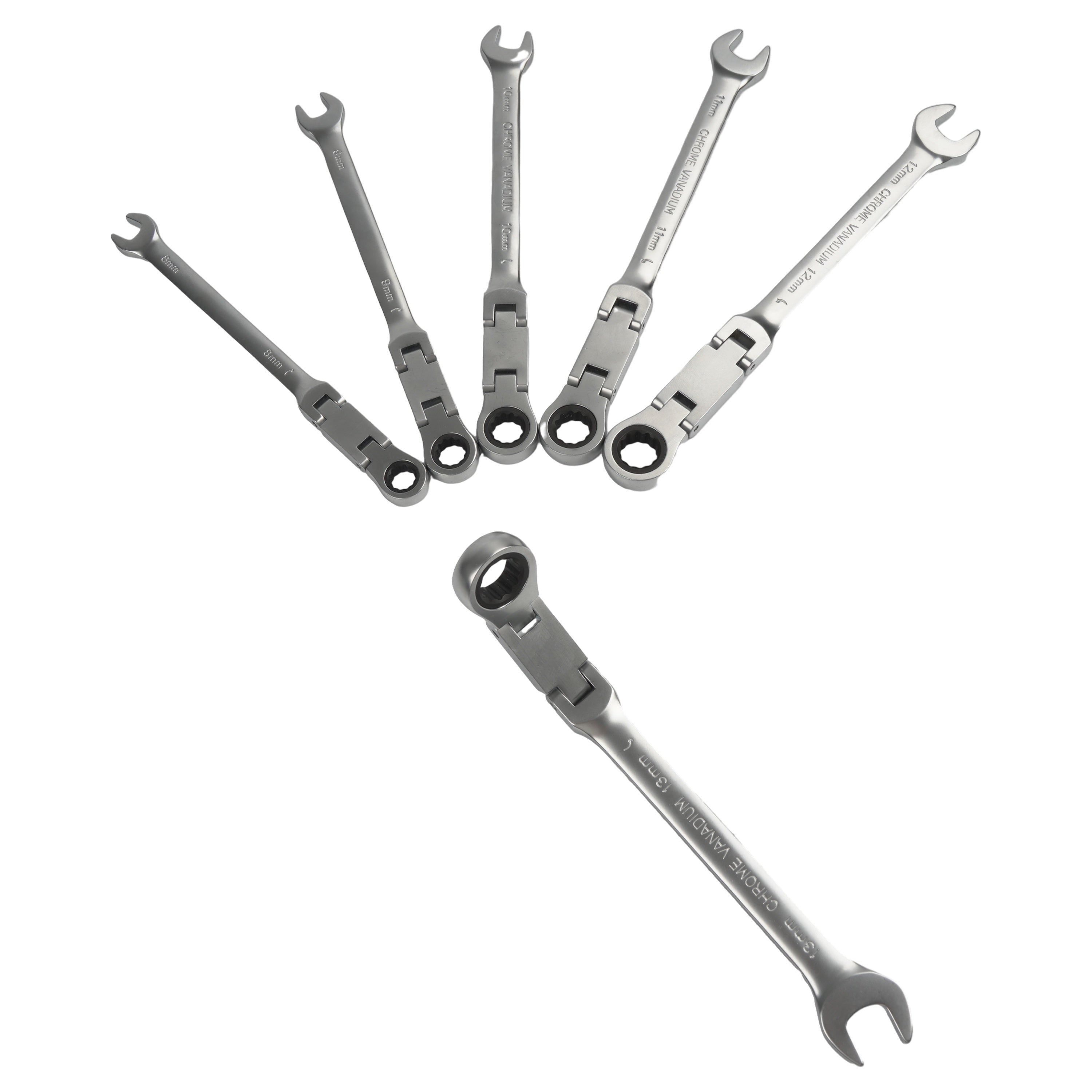 180° Flexible Head Ratchet Wrench Set, 8-19mm, Deep Offset, Dual-Purpose