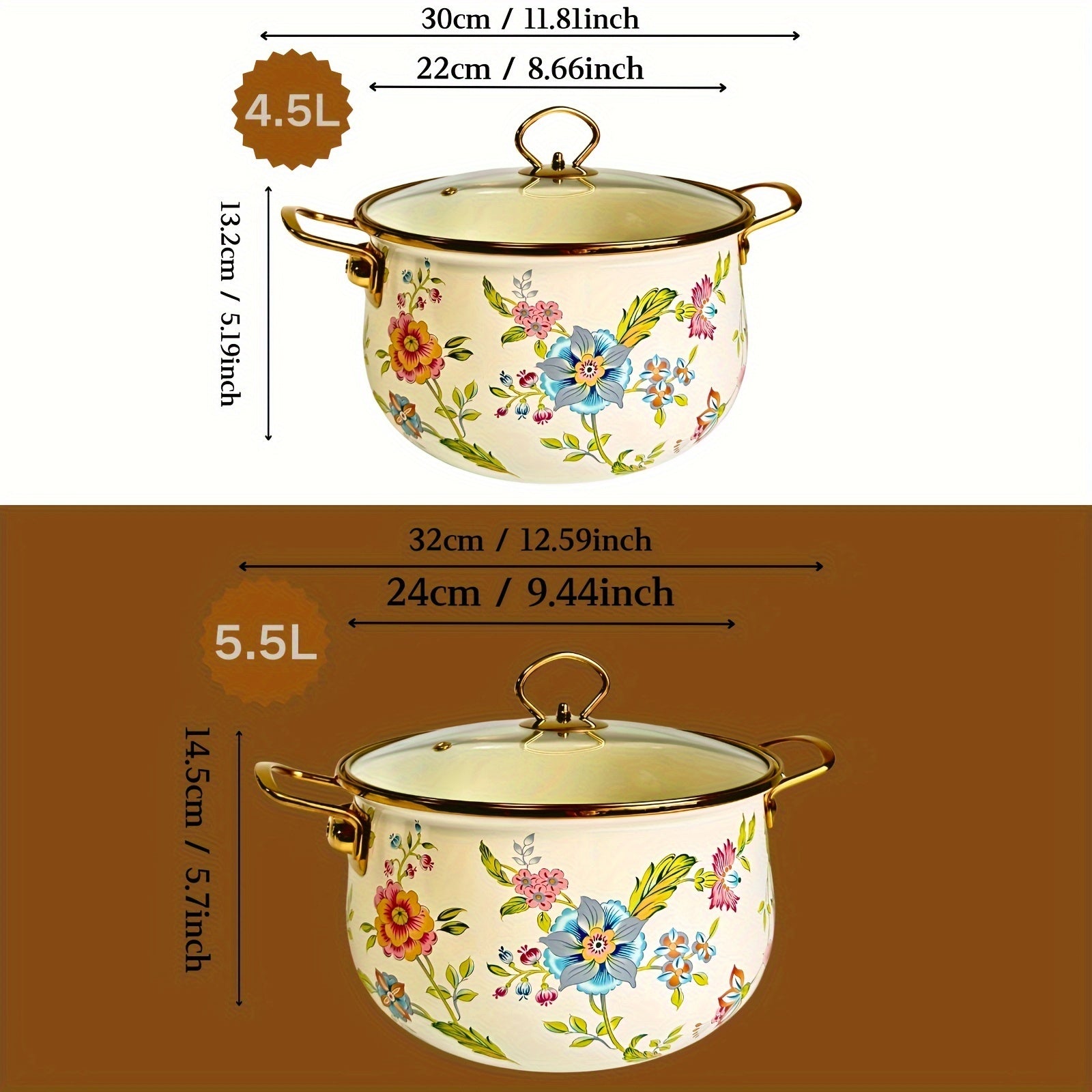 Enamel Double-Handled Soup Pot 5L Non-Stick Dishwasher Safe Floral Design