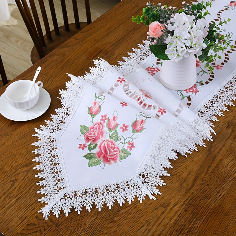 Camino de mesa floral rosa bordado a mano con encaje para cenas y días festivos