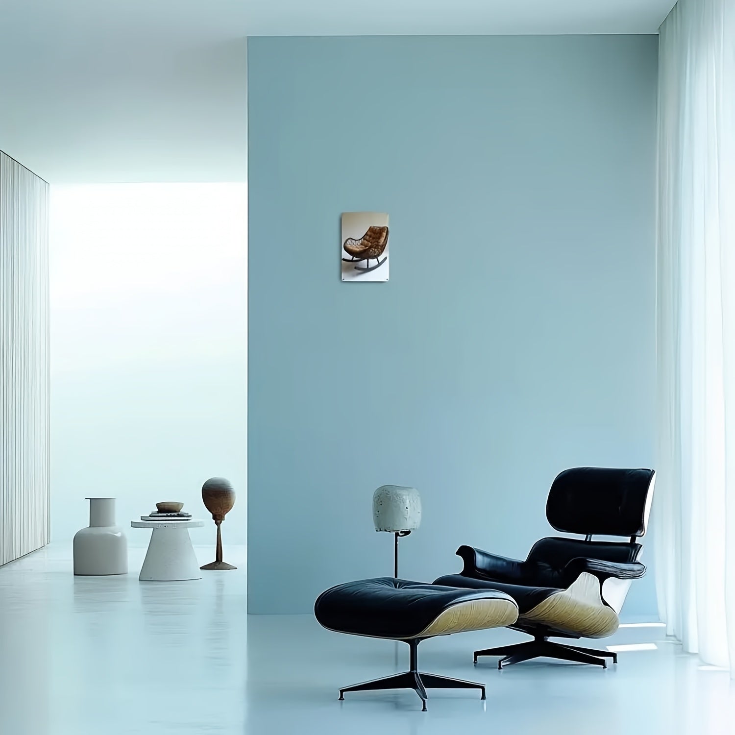 Metal and Rattan Wall Decor Rocking Chair Artwork with Upholstery and Wooden Legs