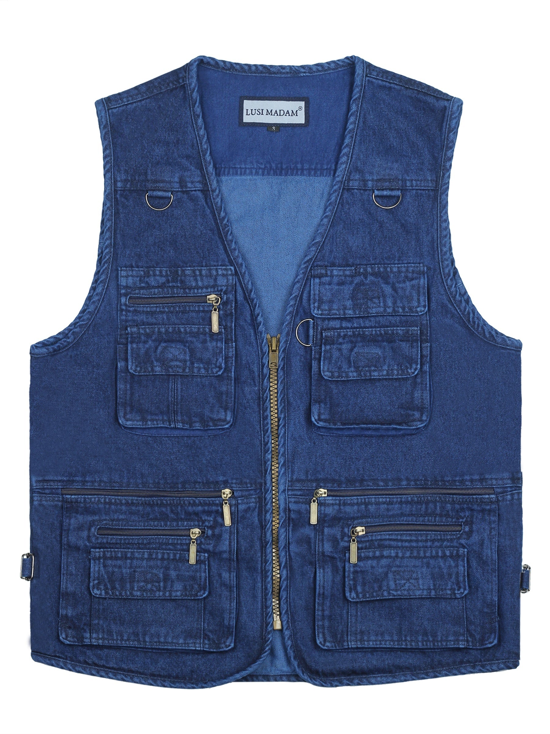 Plus Size Men's Denim Blue Zipper Vest with Multiple Pockets for Outdoor Activities