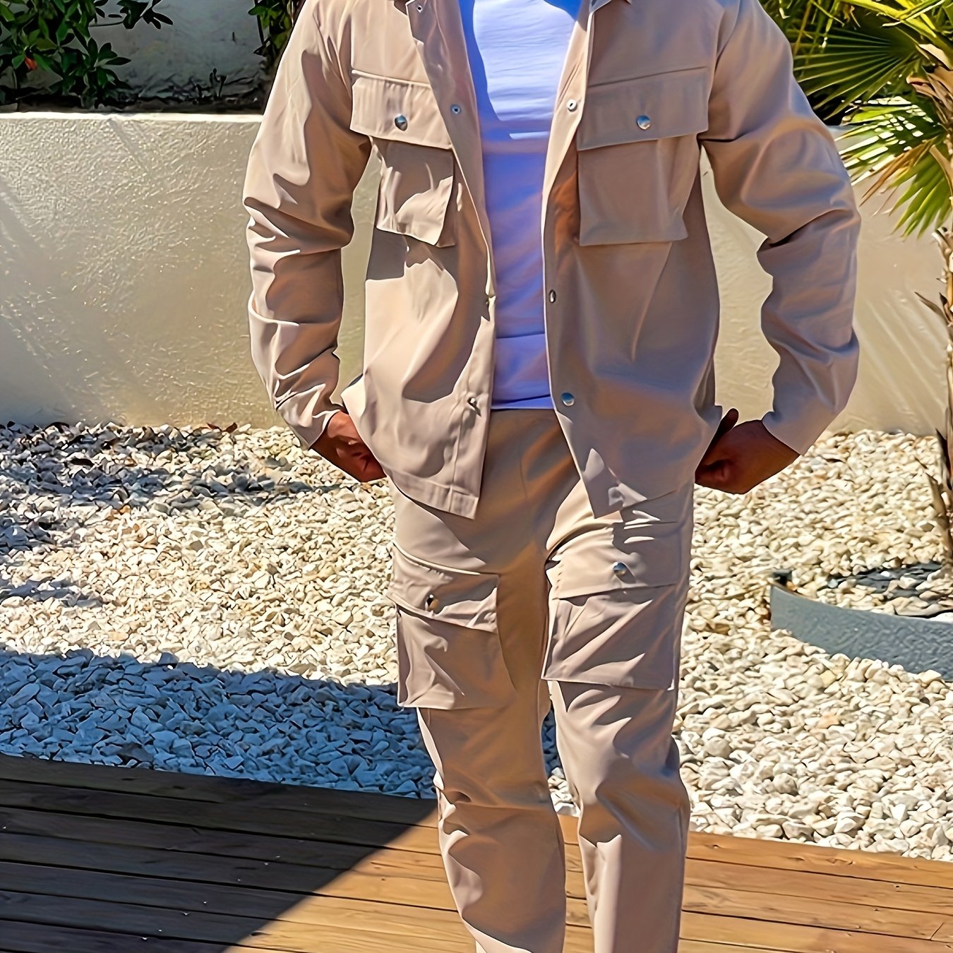 Men's Polyester Suit Set with Lapel Collar and Pocket Details for Casual, Hiking, and Outdoor Wear