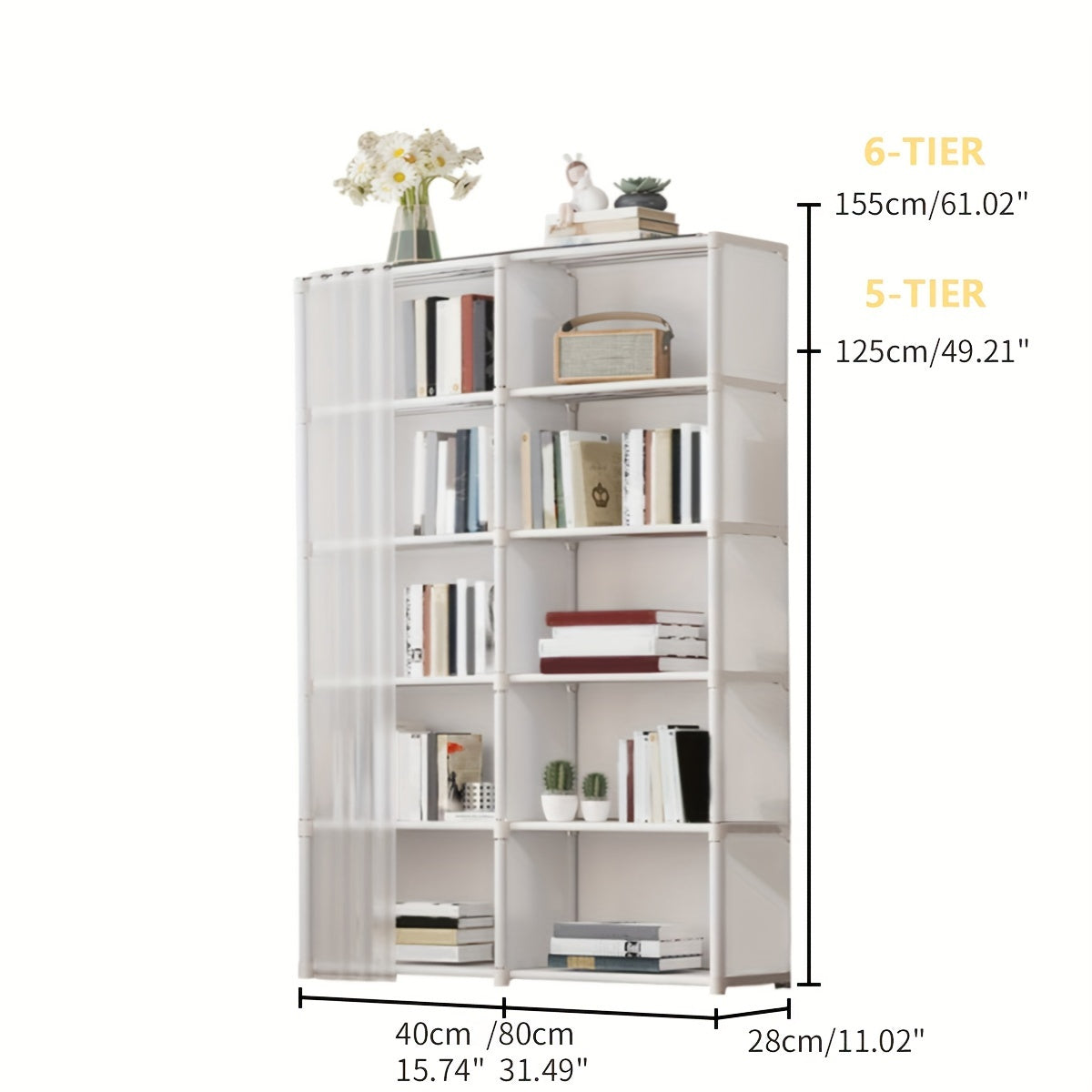 Large Capacity Metal Bookshelf Organizer with Wheels for Home Office Classroom White