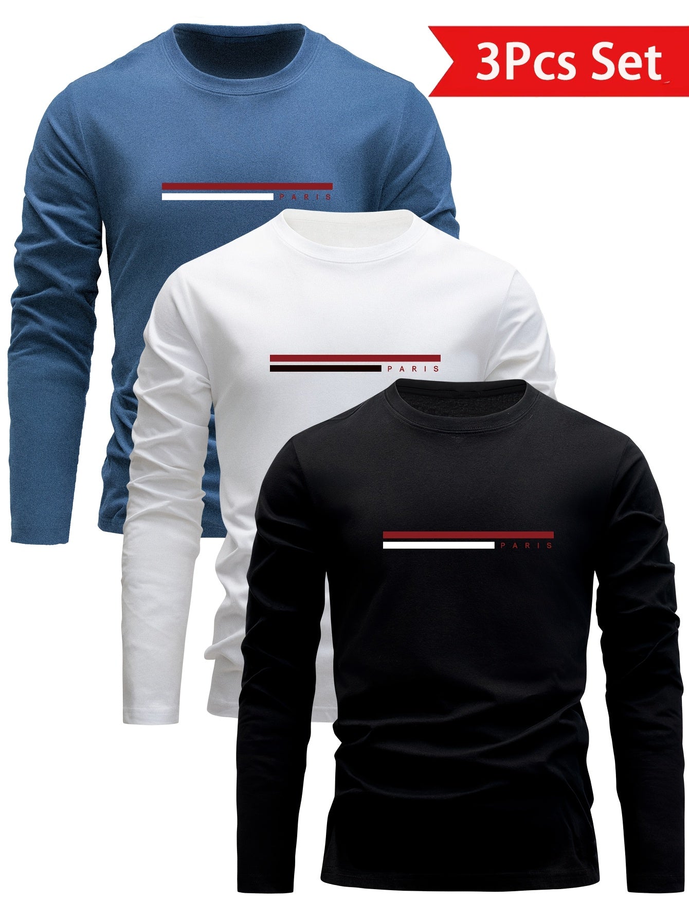 Men's Long Sleeve Cotton T-Shirts Casual Spring Fall Breathable Comfortable Set of 3