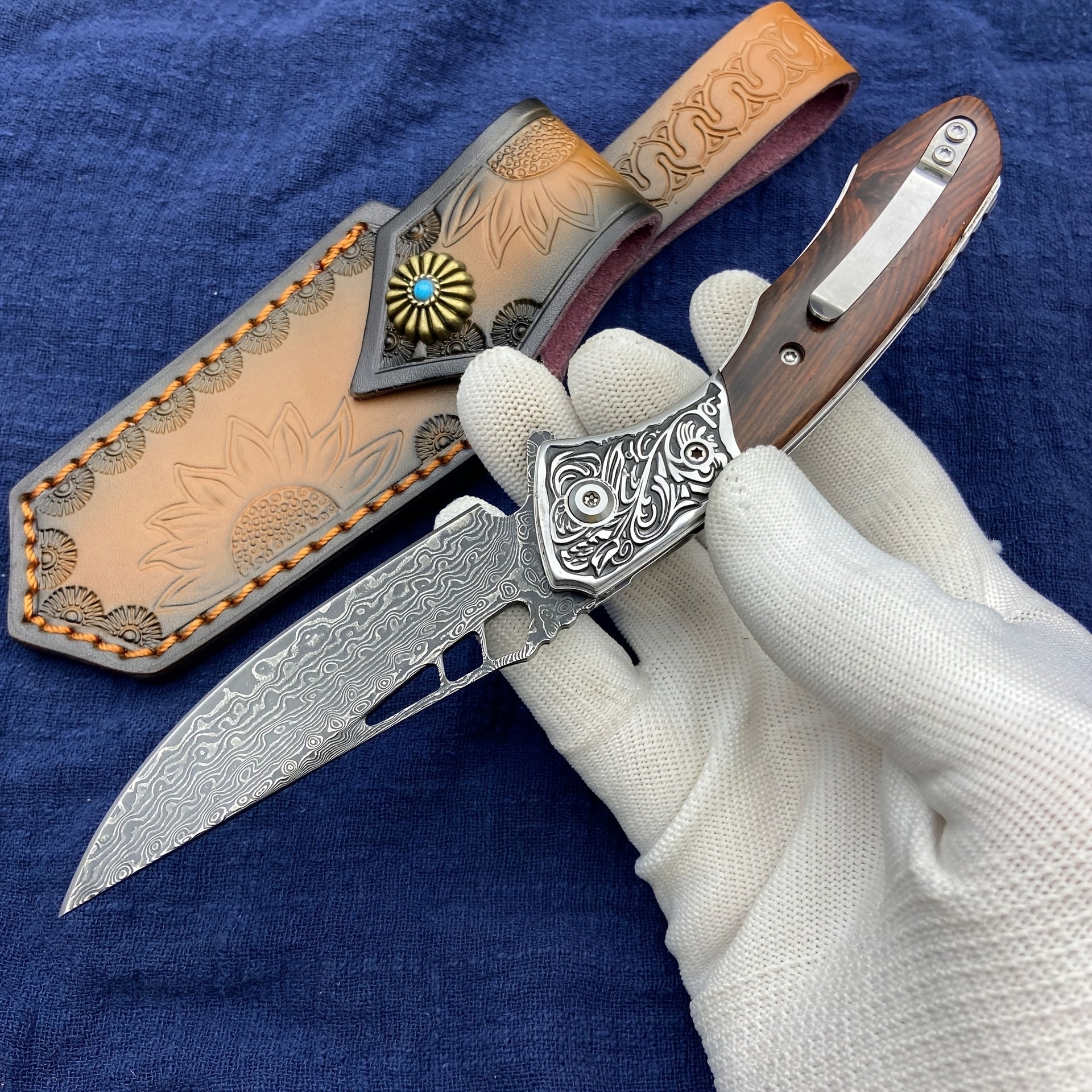 Leather Sheath for Damascus Folding Knife Sunflower Print with Carry Rope