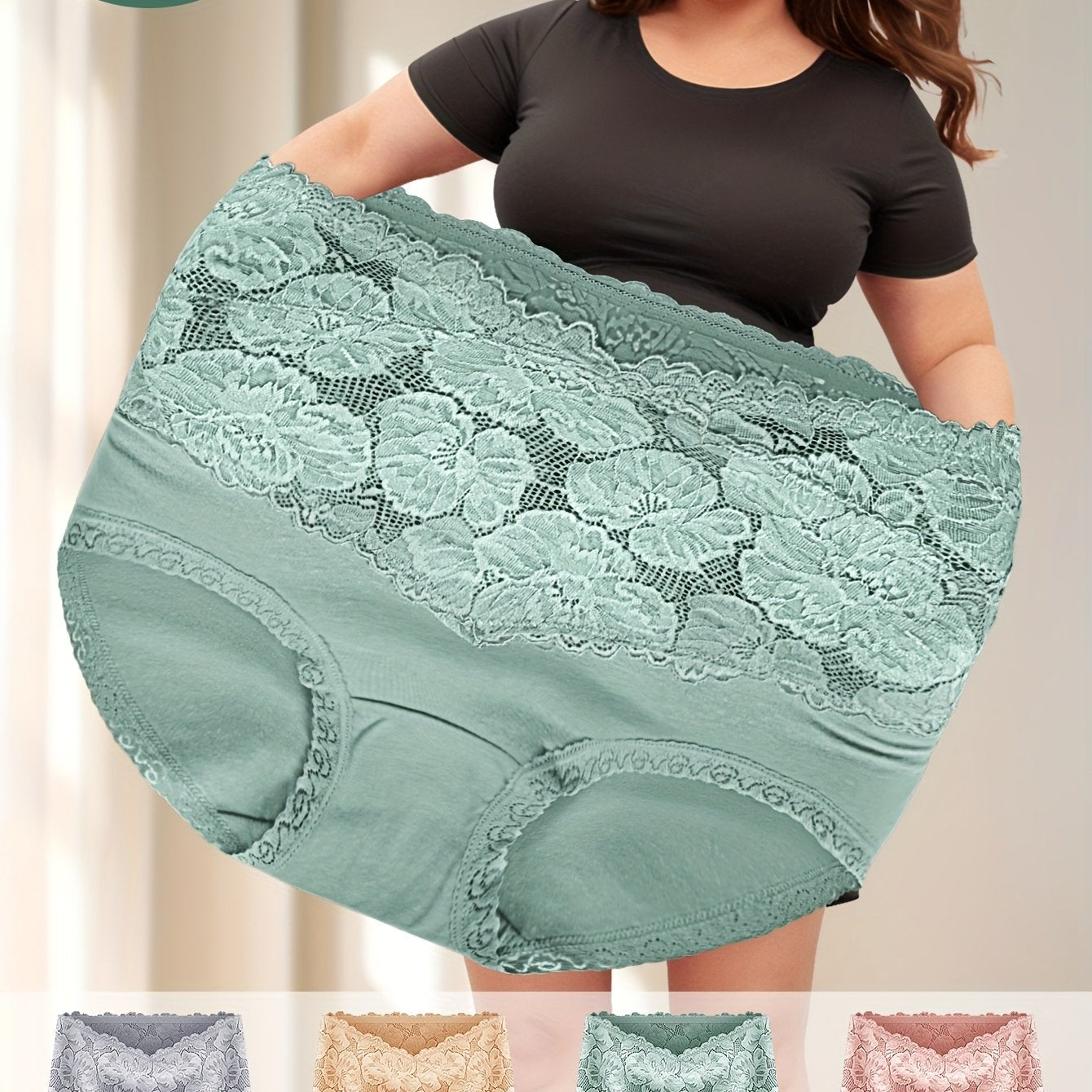 Plus Size High-Waist Tummy Control Women's Panties 4 Pack Cotton Lace Solid