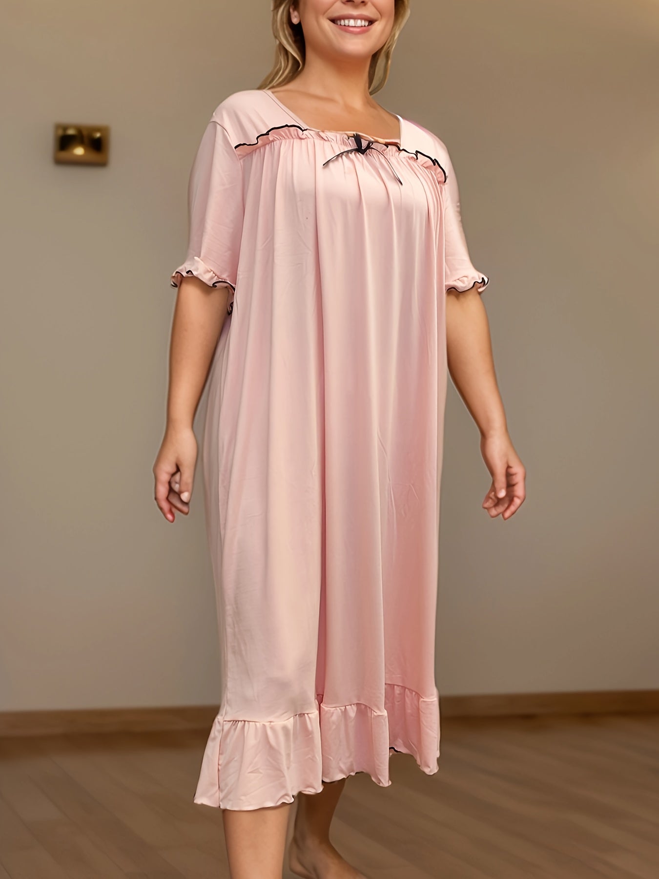 Plus Size Women's Casual Pink Ruffle Short Sleeve Midi Nightgown
