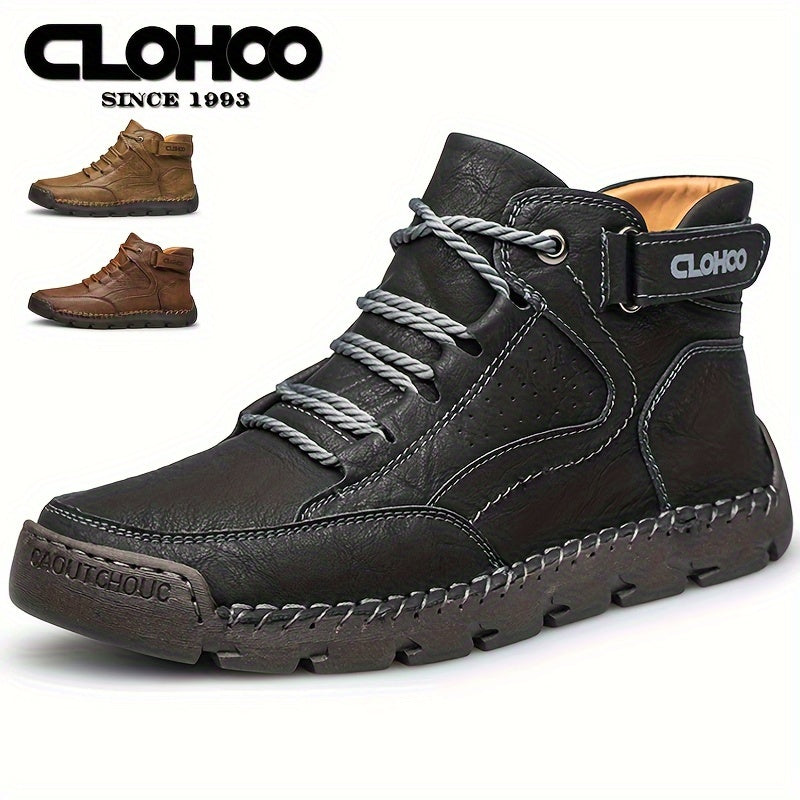 Men's High-Top Casual Ankle Boots with Handcrafted PU Upper Rubber Sole Warm Plush Interior Solid Color