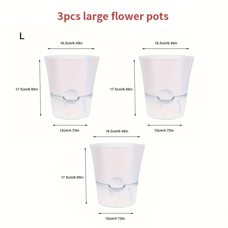 Set of 3 Self-Watering Plastic Flower Pots with Water Level Spout for Indoor Outdoor Use