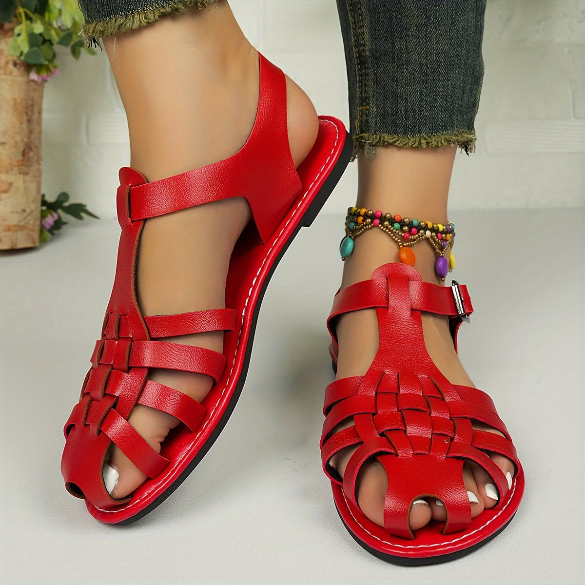 Women's Woven Closed-Toe Roman Sandals Adjustable Buckle Flat Summer Shoes