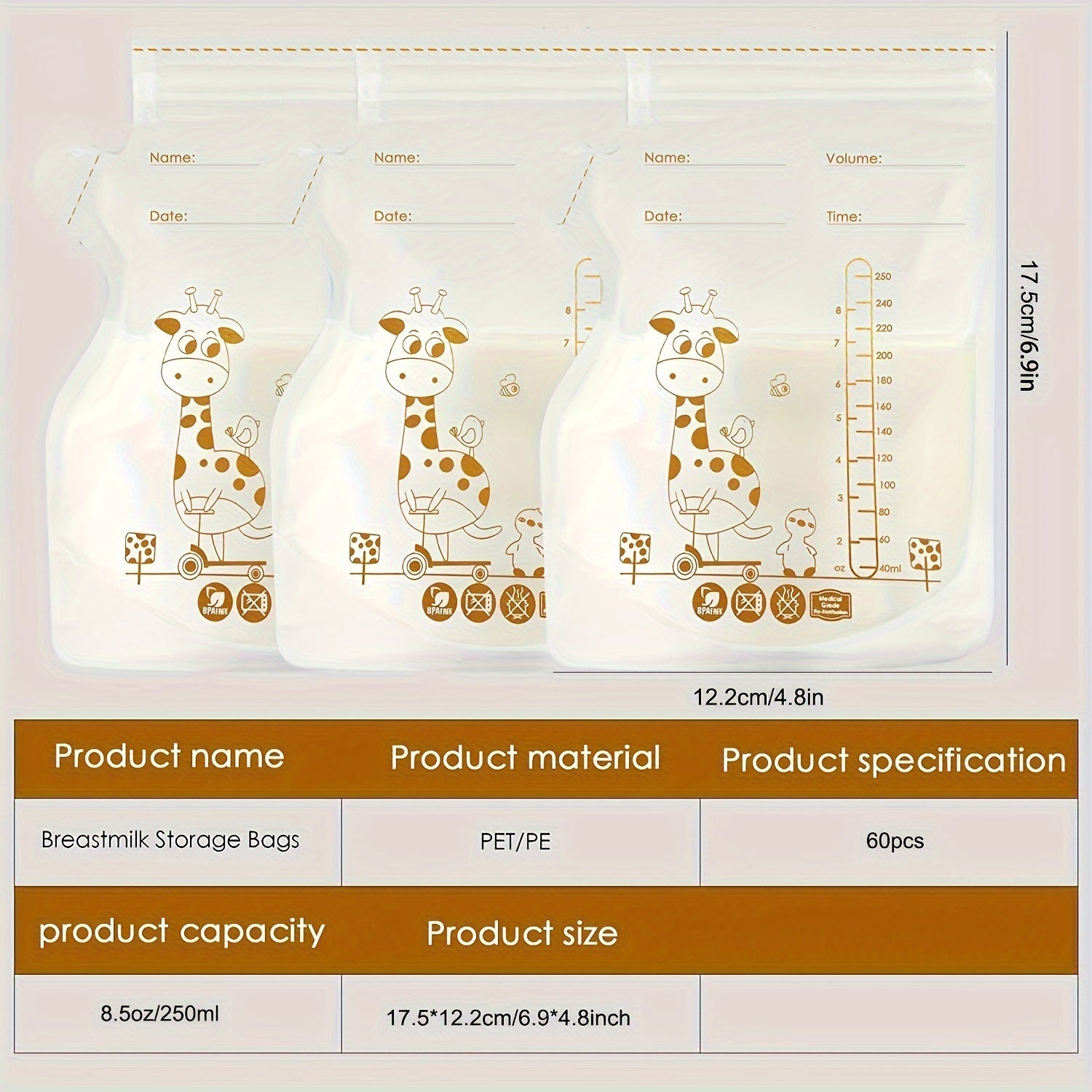 Мешки для хранения грудного молока, 60 шт., 8,5 унций, без BPA, с носиком для наливания, стоячий, плоский профиль