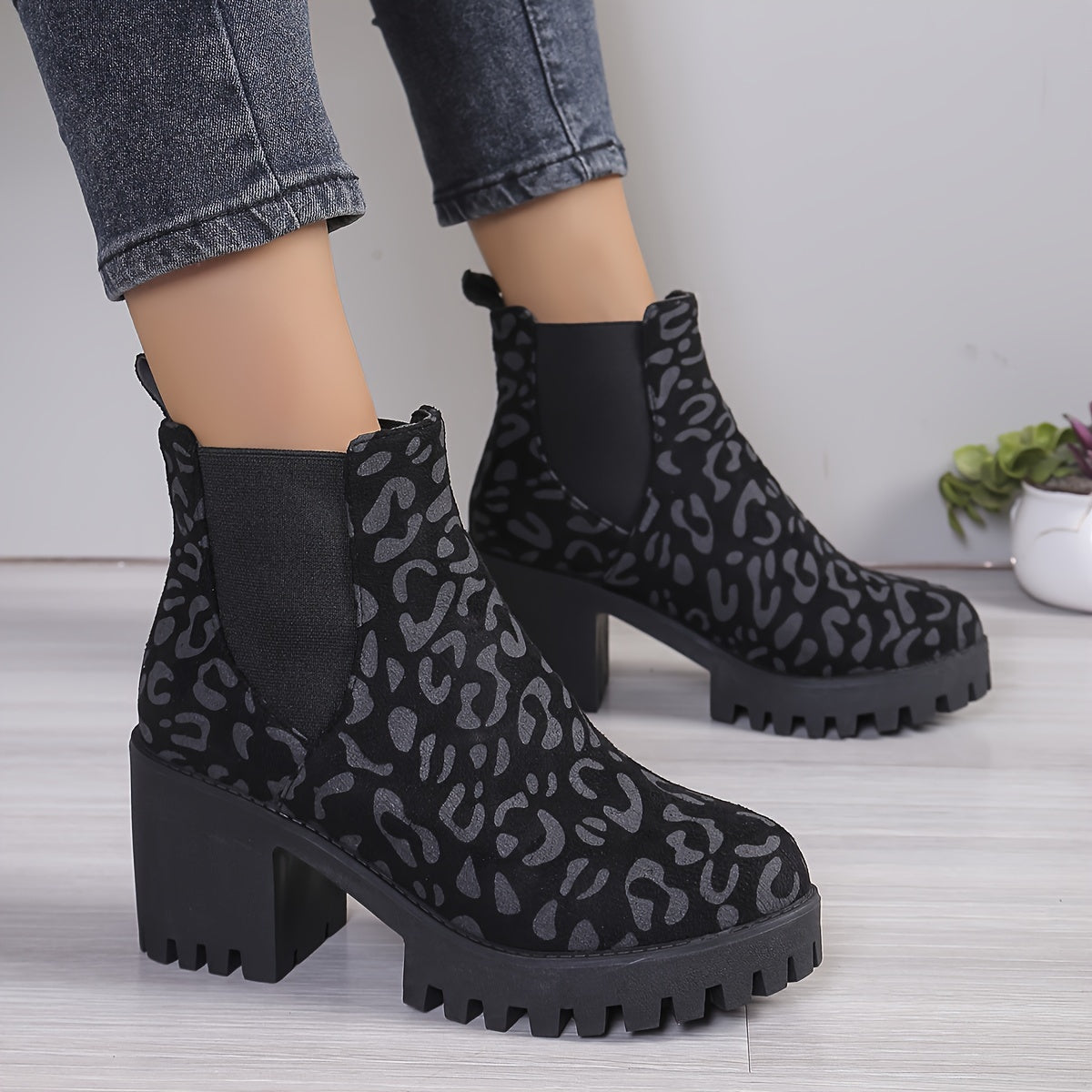Women's Short Boots With Chunky Heel, Stretch Fabric, Comfortable Ankle Shoes