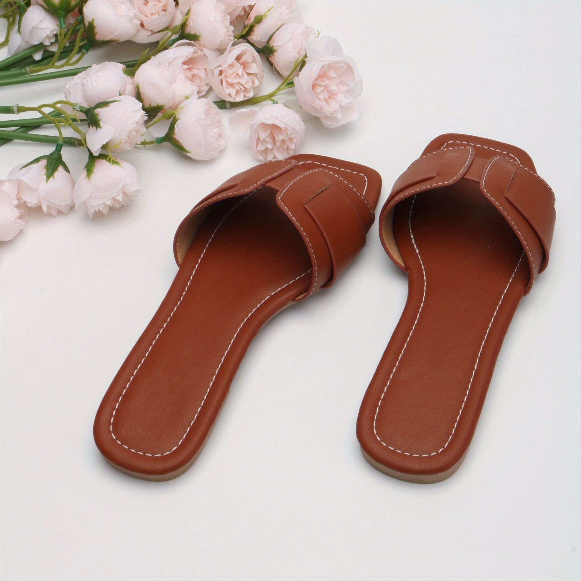 Women's Beige Flat Open Toe Sandals Slip-On Buckle Strappy Casual