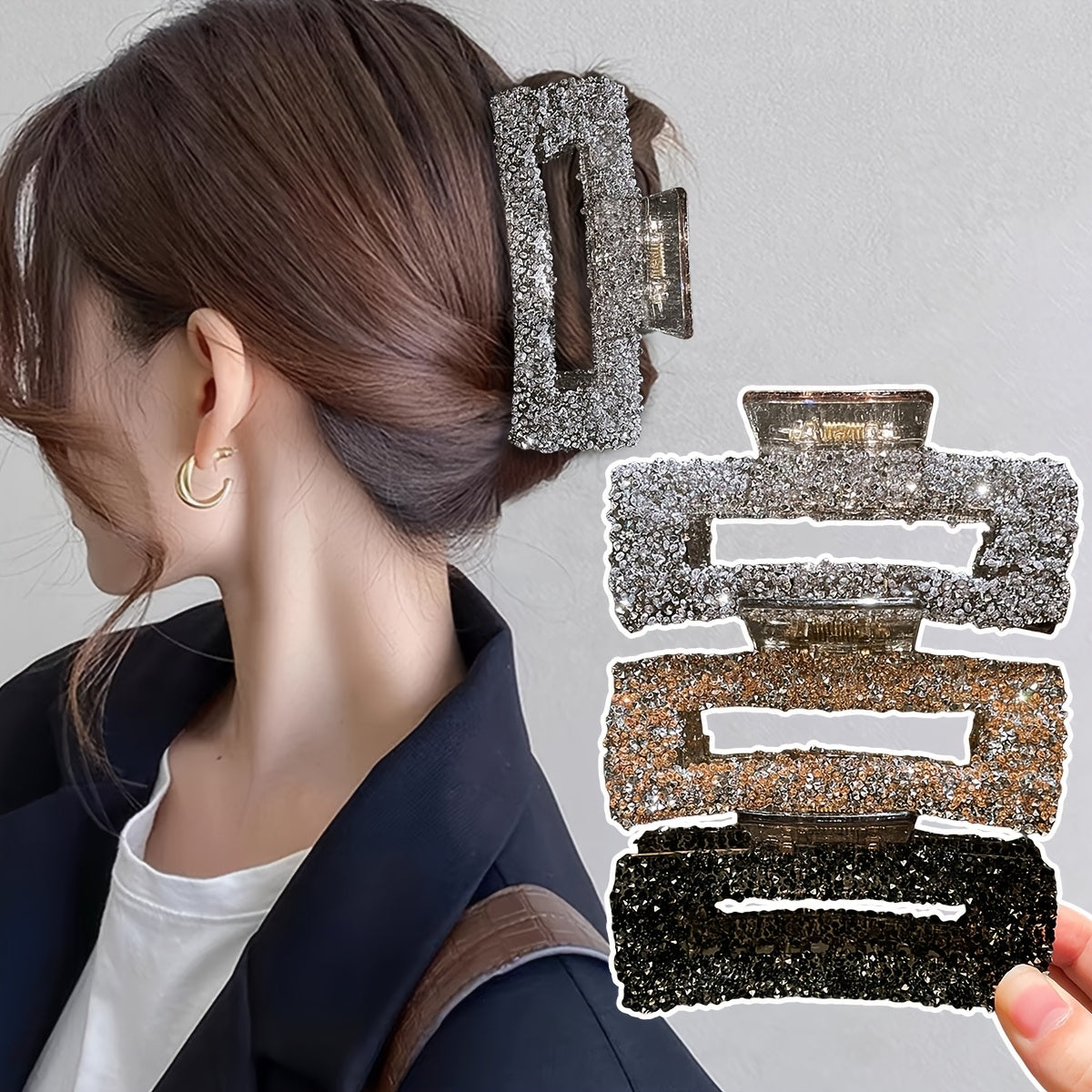 Women's Square Water Diamond Grip Hair Clips Set PVC Elegant Minimalist Oblong Rhinestone