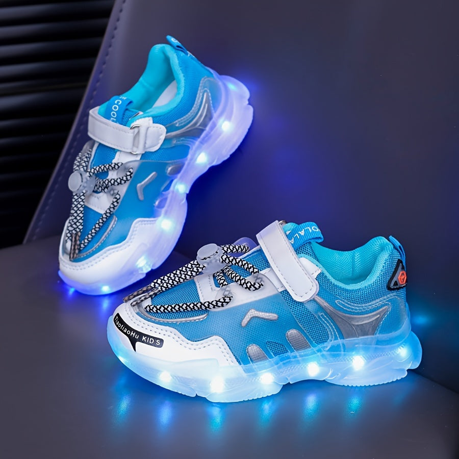 Kids LED Light-Up Sneakers Breathable Mesh Non-Slip Soft Sole for Boys Girls Toddler Children in White Blue Orange