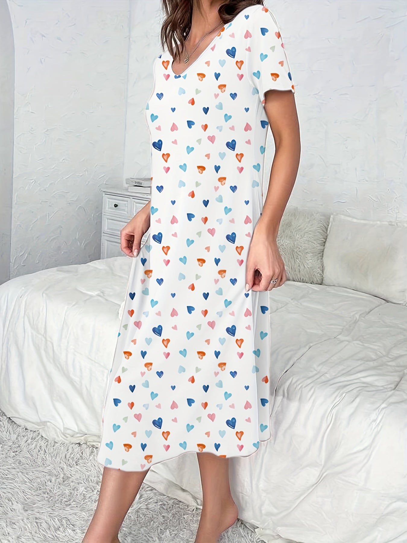Women's Cotton Long Heart Print Casual Maxi Sleep Dress